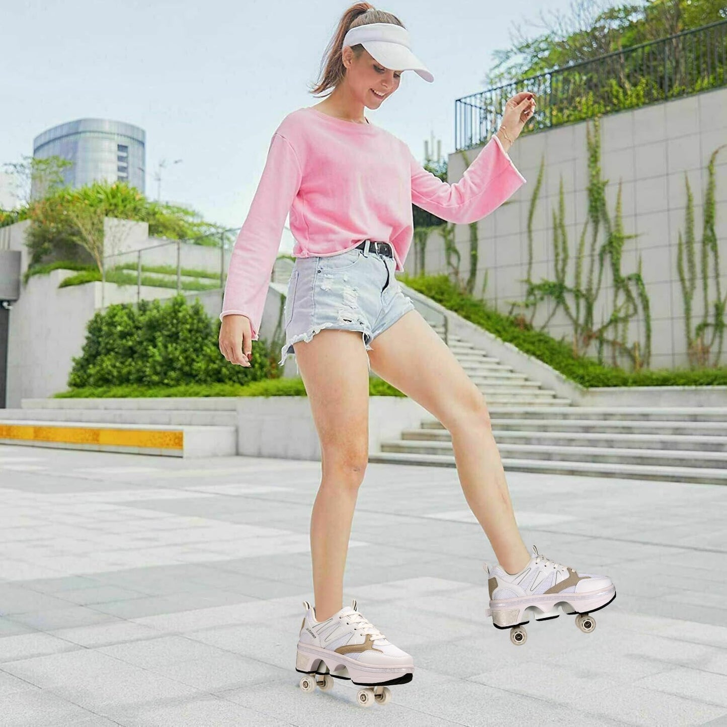 Girls and children roller skates shoes with wheels adjustable quad kick roller skates for women 2 in 1 inline skates deformation sneakers for beginners, gray-41EU