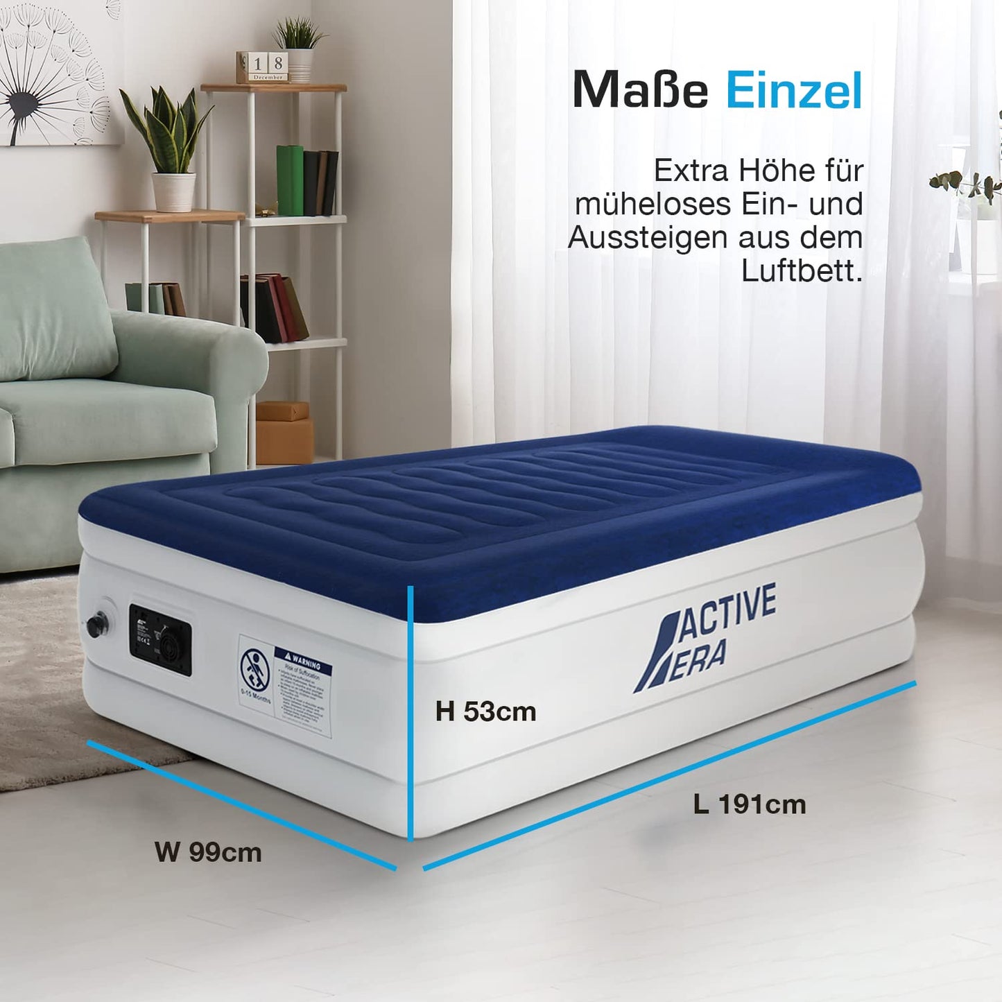 Active Era Luxury Air Bed for 1 Person, self-inflating air mattress with built-in electric pump & integrated pillow, Inflatable mattress for camping & guest bed - 99 x 191 x 53cm