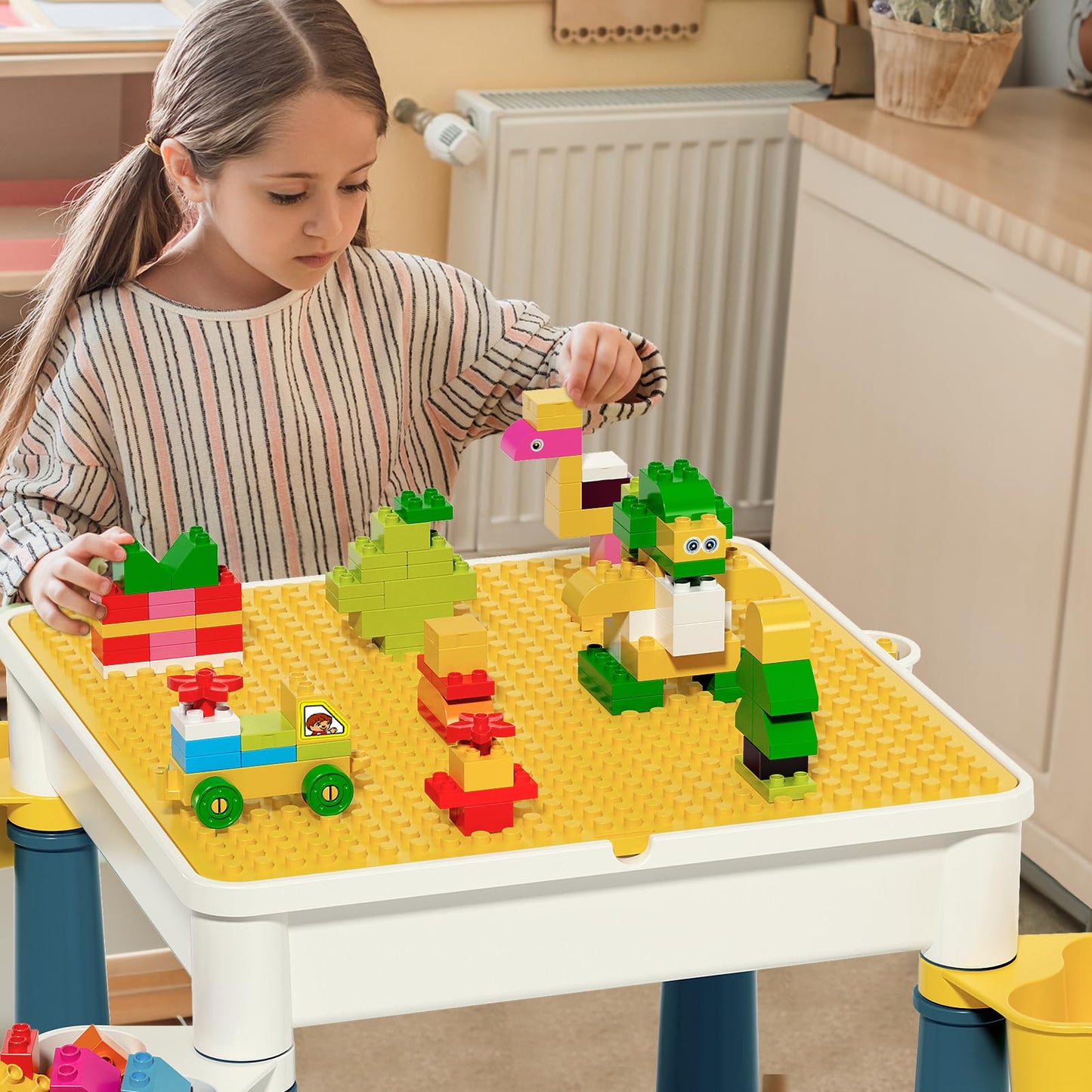 burgkidz Kids Table with Chairs, Children's Play Table with 1 Chair and 130 Large Building Blocks, Creative Construction Toy for Boys and Girls from 2 Years, Macaron.