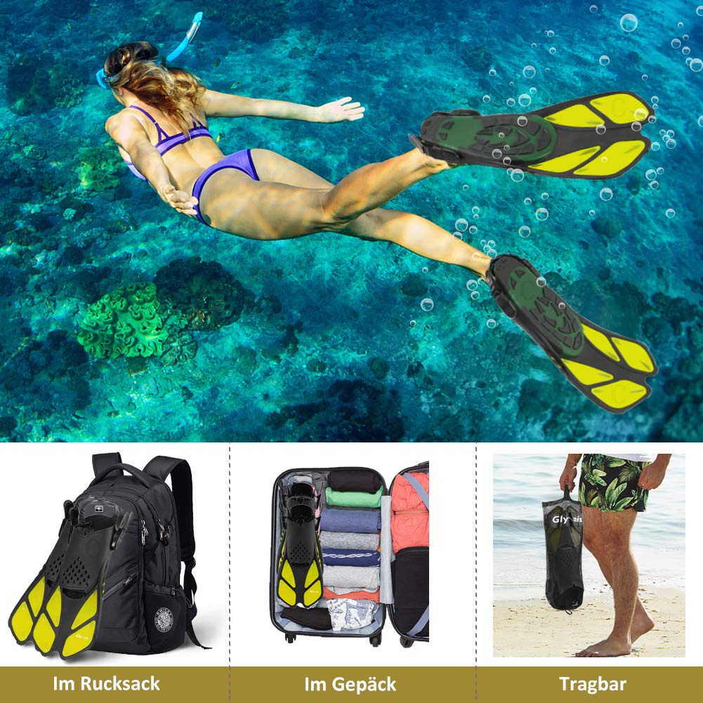 Glymnis Adjustable Swim Fins for Adults and Kids, Short Diving Fins for Diving Swimming Snorkeling (Black/Yellow, S/MD)