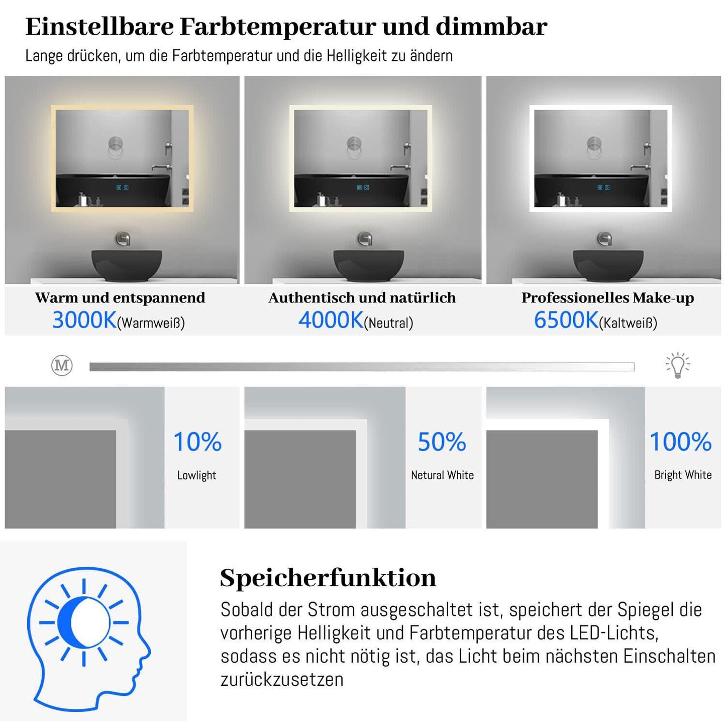 Finmyrs LED bathroom mirror with lighting 100x60 cm Touch switch, Anti-fog Dimmable illuminated Cool White Warm White Horizontal Vertical (39.37x23.62 Inch)