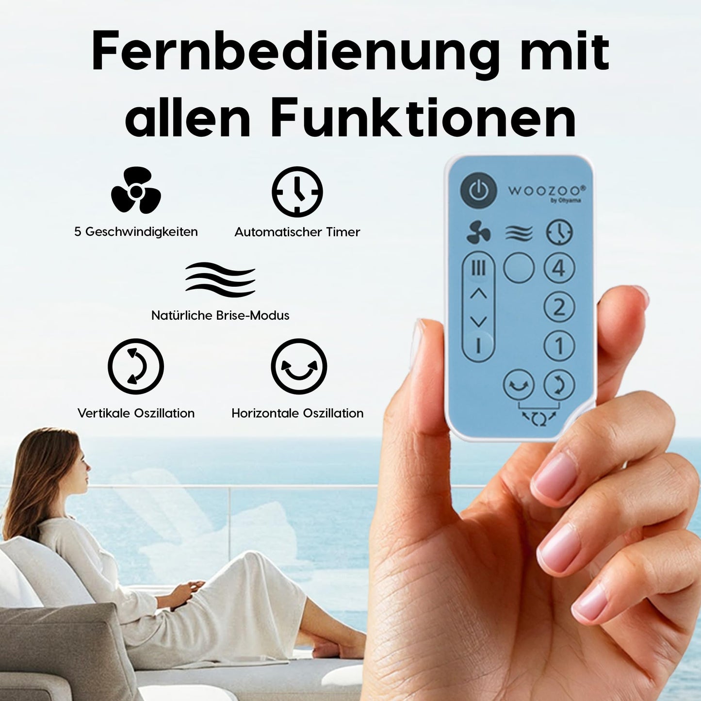 Iris Ohyama Woozoo, 30m², Fan, Matte Blue, 5 Speeds, Remote Control, Oscillating, Quiet, Table Fan, Desk Fan, Floor Fan, Portable, Cooling, PCF-SC15T.