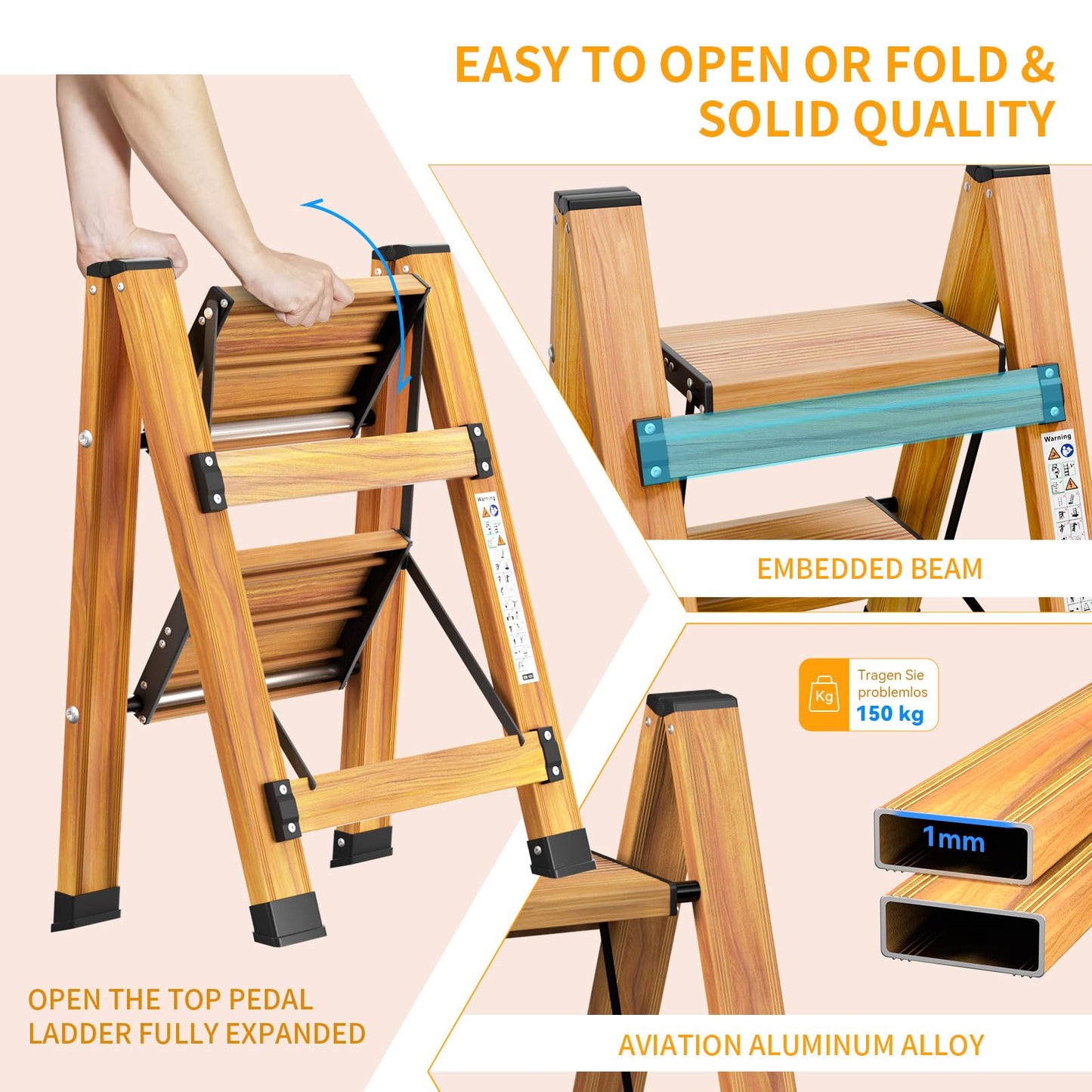 KULACO Folding 2 Step Ladder, Aluminum Foldable Ladder, Portable Step Ladder, Non-Slip Household Ladder, Multifunctional Ladder with Wood Grain Design for Home and Camping, Supports up to 150 kg.