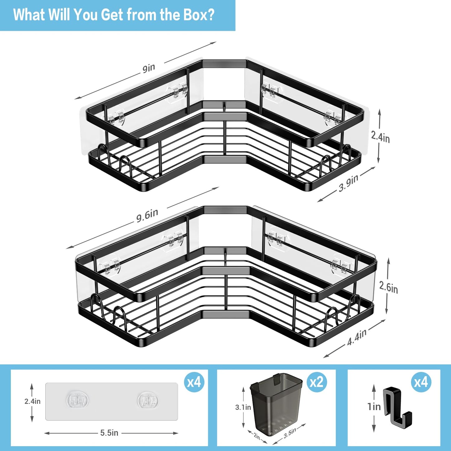 FINIBO Shower Shelf Without Drilling, 2 Pieces Self-Adhesive Corner Shelf Bathroom Organizer, Stainless Steel Shower Caddy with 4 Hooks and 2 Toothpaste Holders, Black Shower Rack Basket for Bathroom Kitchen