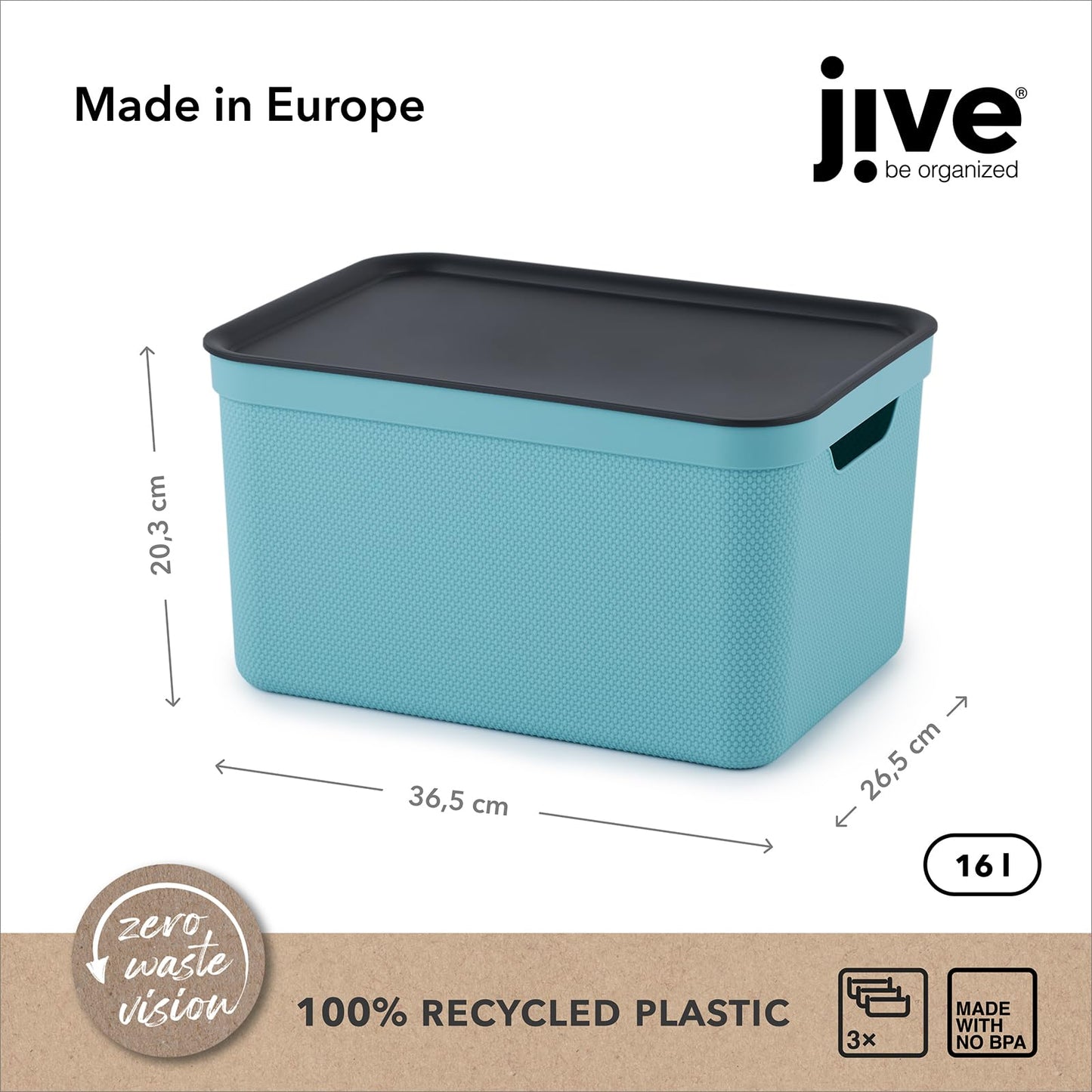 Jive storage box 3-piece set 16L with lid, made of recycled plastic (PP), turquoise/anthracite, 3x16L (37.5 x 27.8 x 29.8 cm)