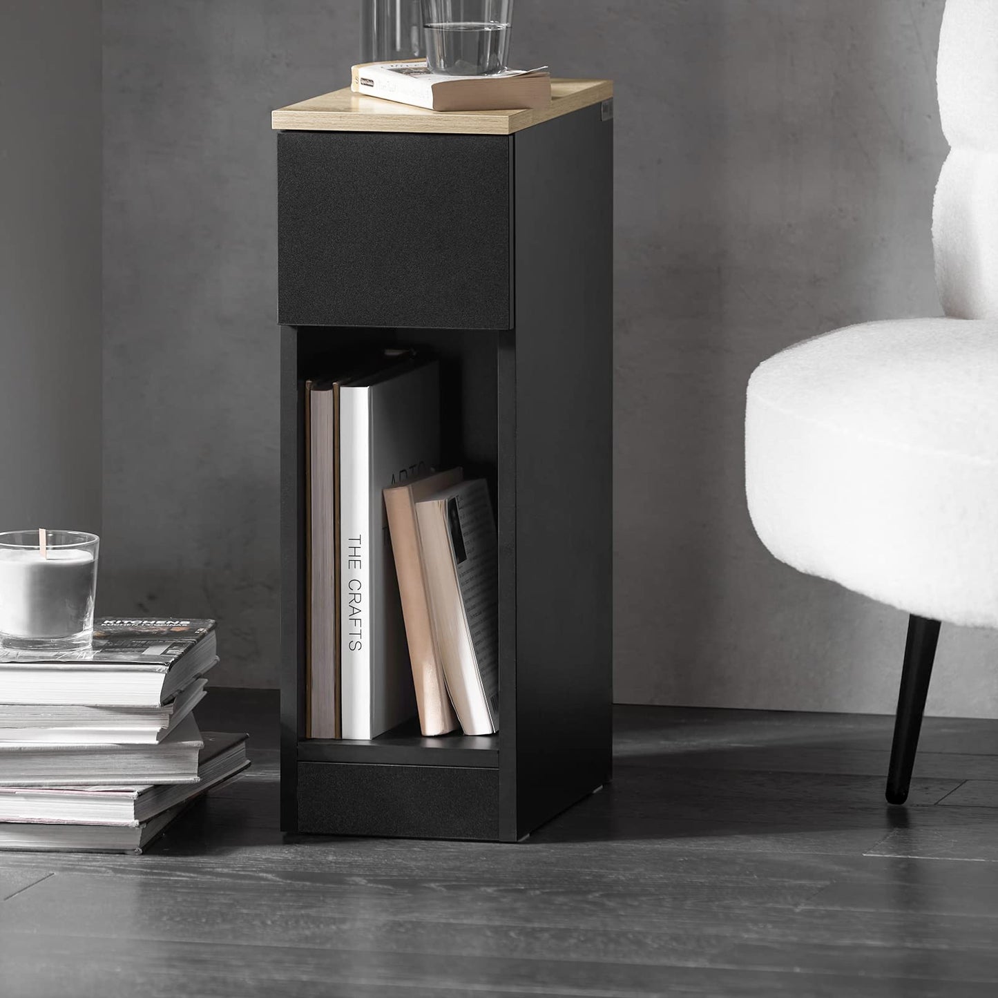 SoBuy narrow bedside table nightstand with drawer and shelf bedside table nightstand for bedroom living room black W8 x D14 x H24 inches FBT111-BLK