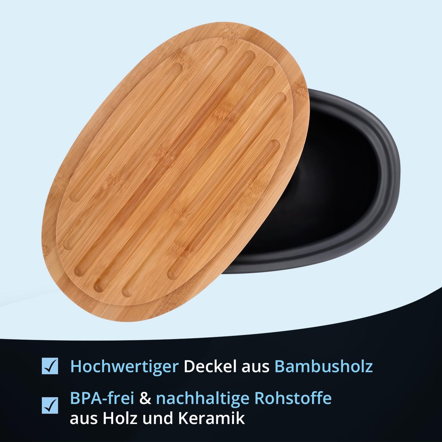 KHG Bread box large ceramic stoneware gray charcoal, wooden lid bamboo as cutting board, bread storage with matte & polished surface with labeling & ventilation holes
