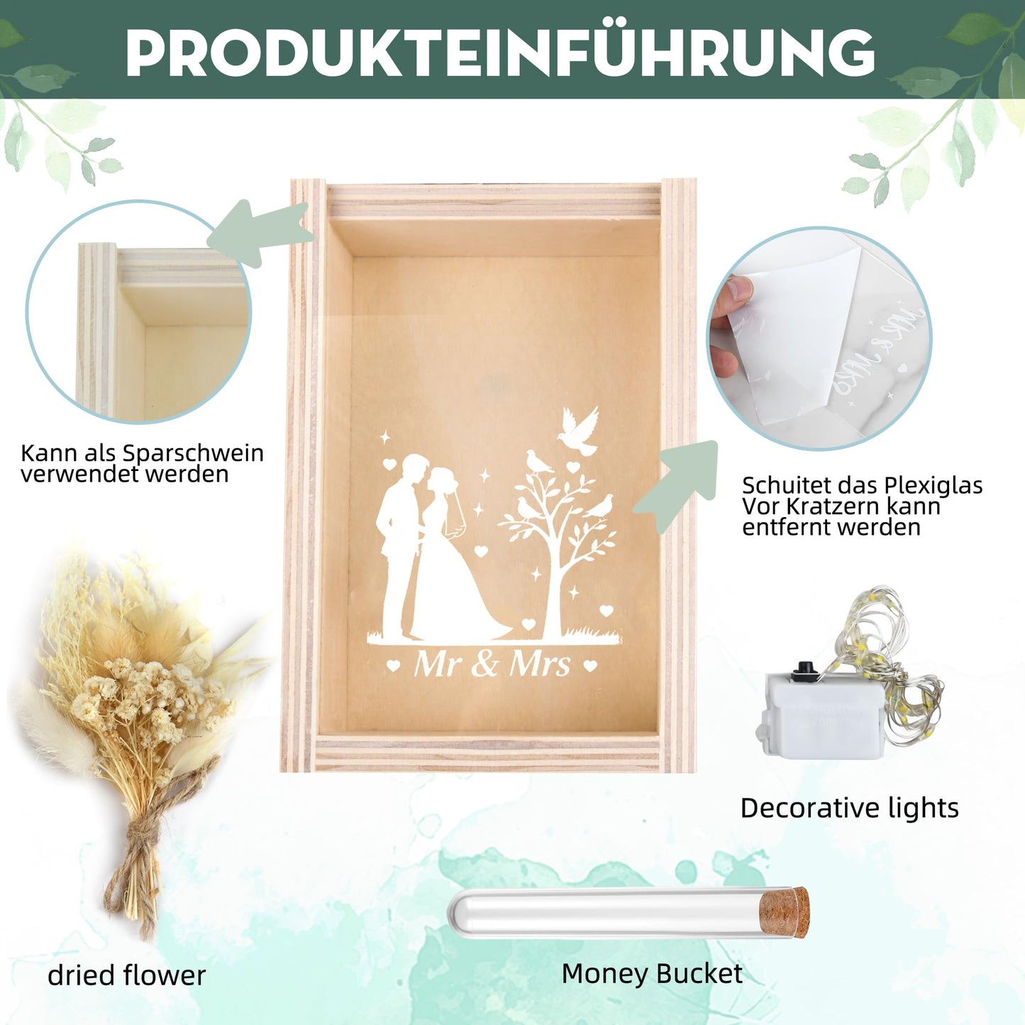 Wedding gifts for couples, wooden wedding gift money box including dried flowers, wooden box, plastic test tube, fairy lights, wedding day, wedding gift money.