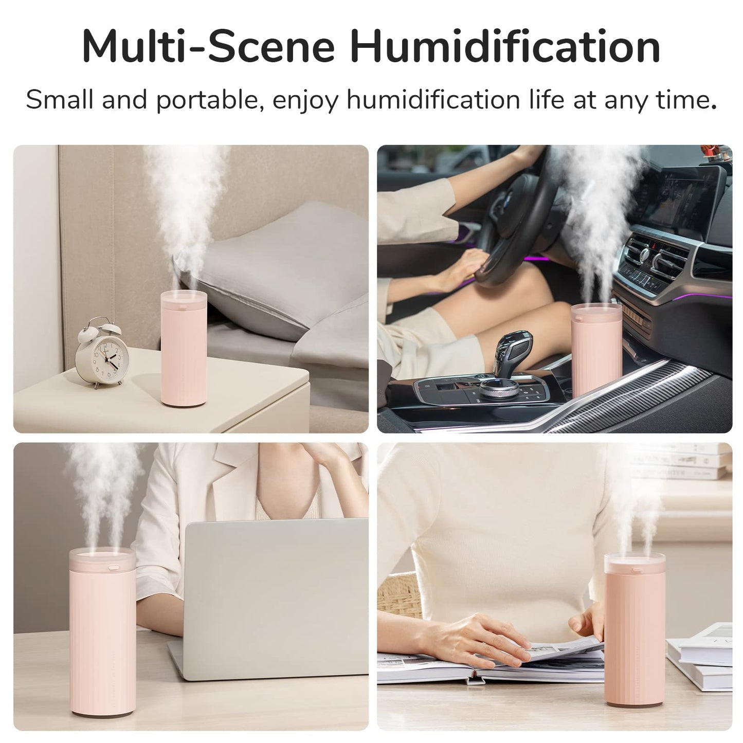 JISULIFE humidifier, 4000mAh Portable Mini Humidifier, Personal Desktop Humidifier for Bedroom Quiet, Automatic Shutdown, Dual Mist Ports for Baby Travel Car-Pink