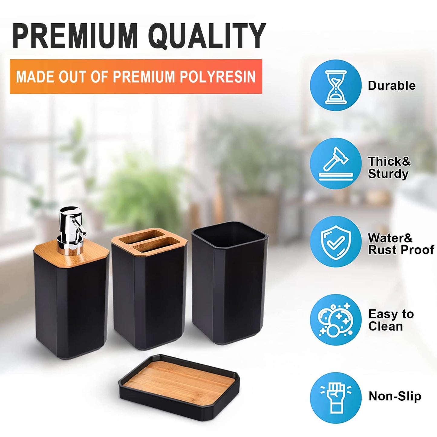 Serlium 7-Piece Bathroom Accessory Set, Bamboo ABS Toothbrush Cup Set, Soap Dispenser Set with Lotion Pump, Trash Can, Toothbrush Holder, Toilet Brush, and Soap Dish for Home Hotel