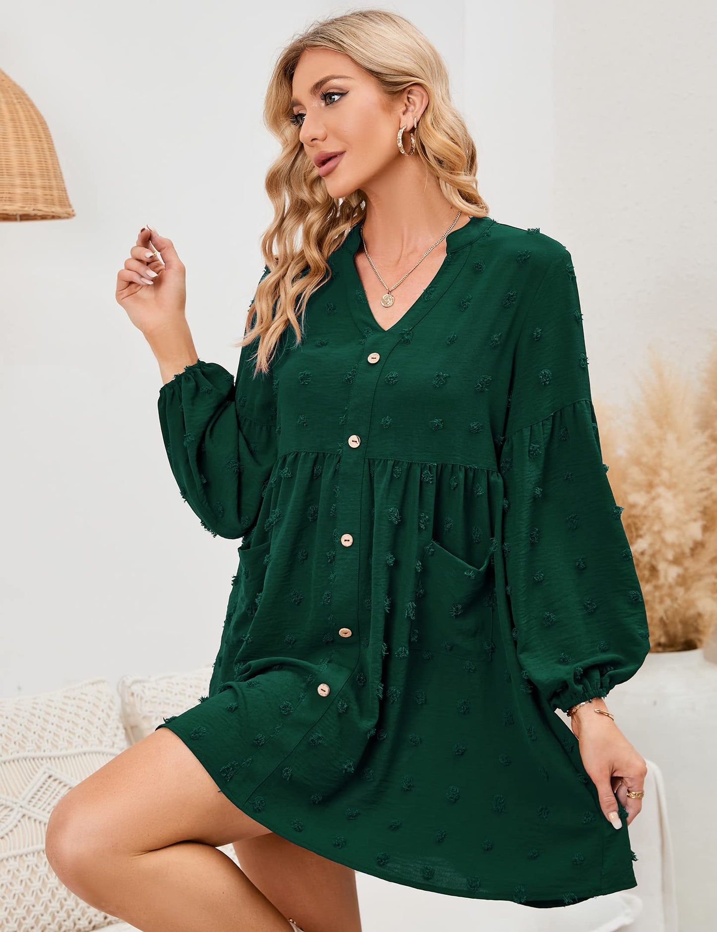 KOJOOIN Women's Tunic Dress Long Sleeve Swing Dress Short V-Neck Button Down Shirt Dress Swiss Dot Casual Mini Dress Leisure Dress with Pockets (Packaging MULTIPLE), A-Dark Green, S