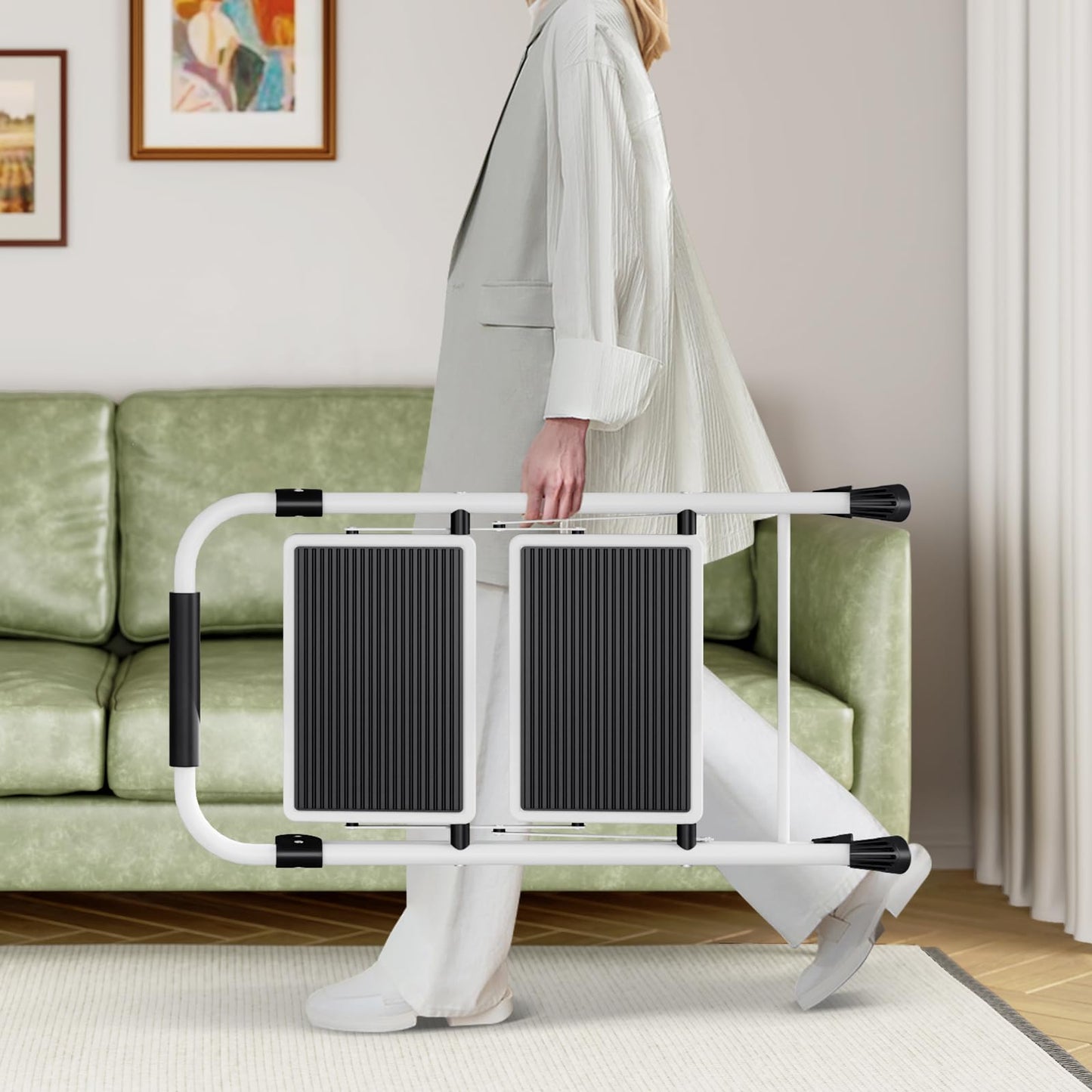 KINGRACK 2-Step Ladder, Step Ladder with Handrails, Folding Step Stool, Folding Step Stool for Adults with Handle, Household Ladder Anti-Slip Stable and Wide Pedal, White