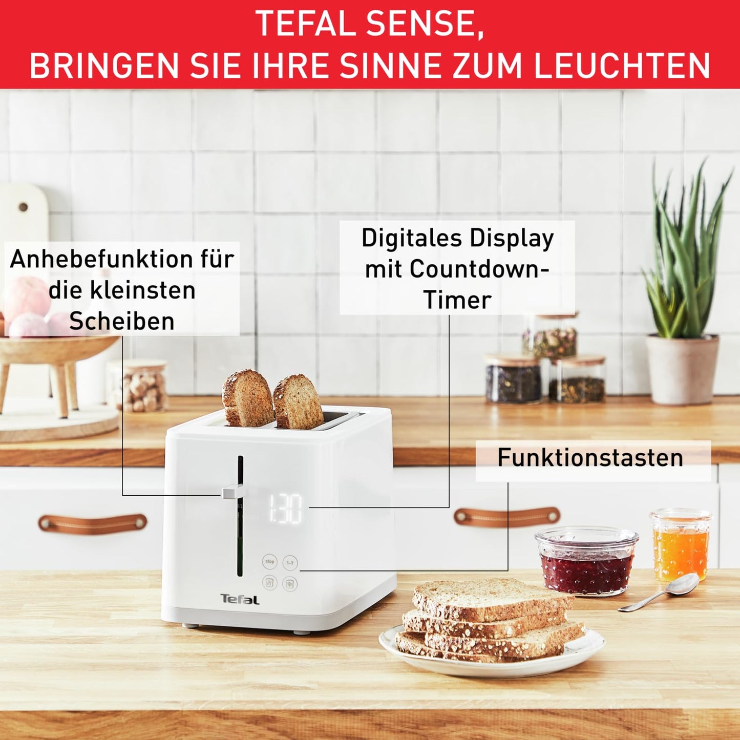 Tefal TT6931 Sense Toaster | 7 browning levels | Digital display | Countdown | Reheat/Defrost | Crumb tray | Stop button | White