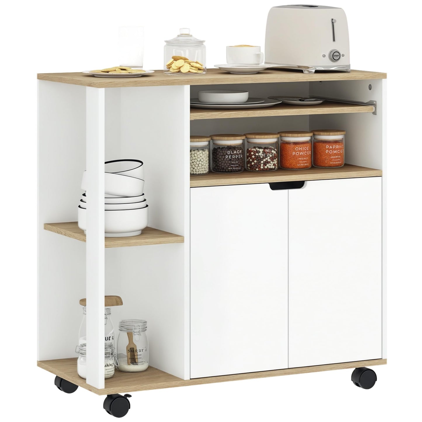 HOMCOM kitchen cart trolley serving cart with handle, adjustable shelves, cabinet, countertop, kitchen shelf on wheels, storage cart for kitchen bathroom office living room White