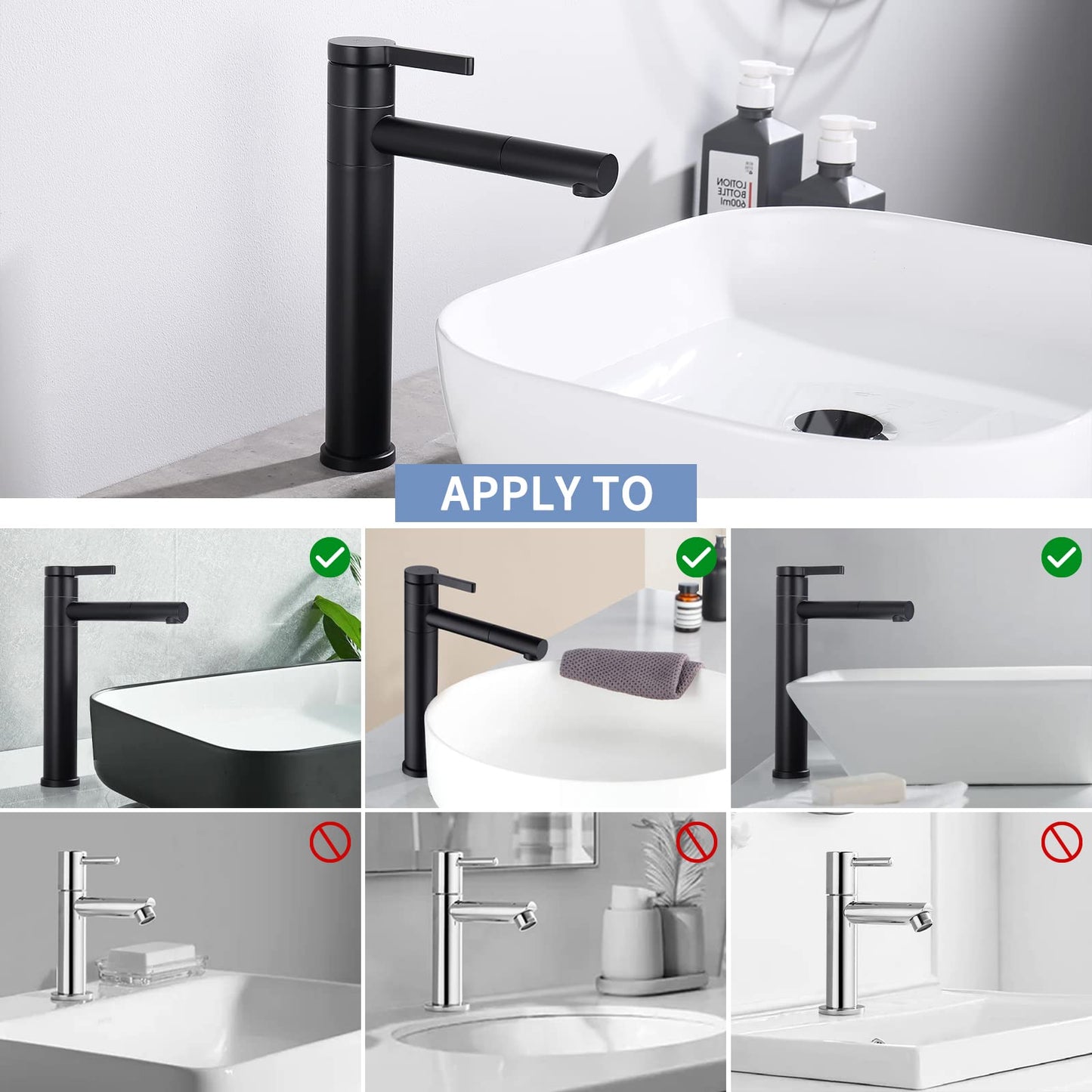 HOMELODY Black Bathroom Faucet High 360° Rotation Mixer Tap Sink Faucet Stainless Steel Water Tap Bath