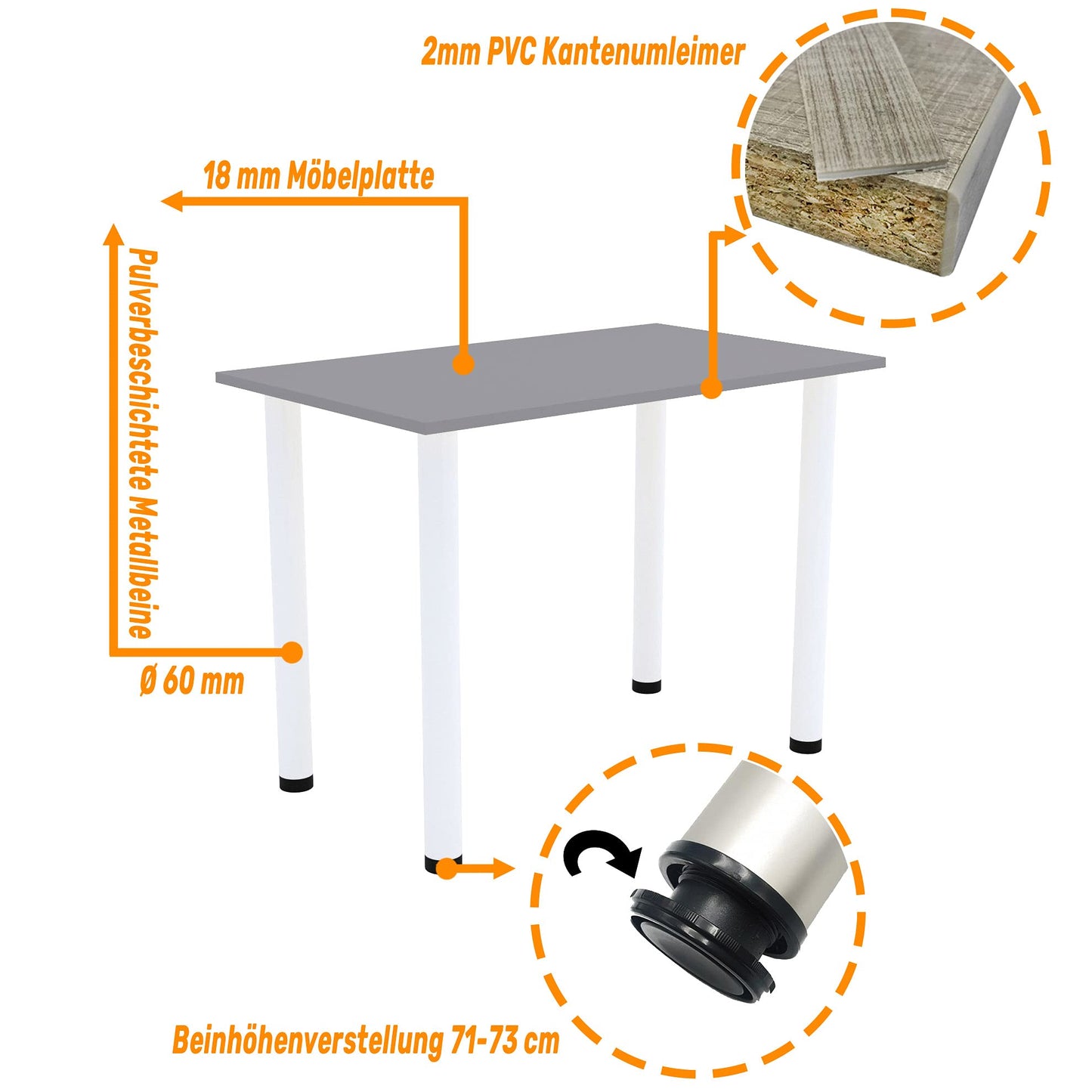 AKKE 70x40 | Dining table - Table with white legs - Kitchen table - Desk | Light Graphite