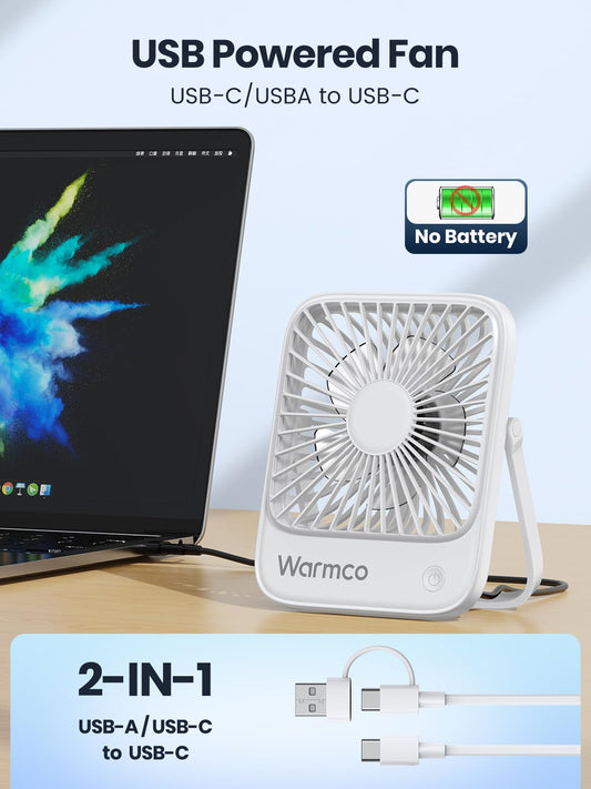 Warmco USB Fan 2 Pack USB-C Wired Personal Desk Fan with strong airflow and quiet operation, 3 speeds, compact and foldable, perfect for office and home use.