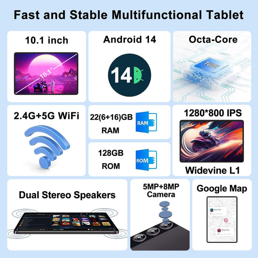 ZIOVO 10-inch Android 14 tablet with 2GB RAM+128GB ROM(1TB TF), Widevine L1, 5G WiFi, Octa-Core 2.0GHz, 8000mAh, 5+8MP cameras, BT 5.0, AGPS, metal casing. Comes with keyboard and mouse - Grey.