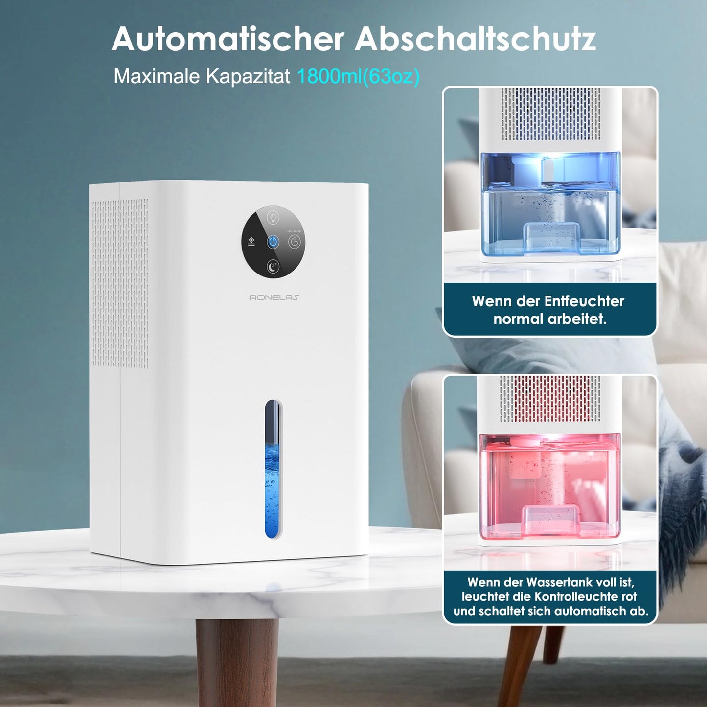 Electric Dehumidifier 1800ML, Portable Room Dehumidifier Extra quiet under 30 dB, Automatic shutdown and defrost, Dehumidifier for apartment bathroom