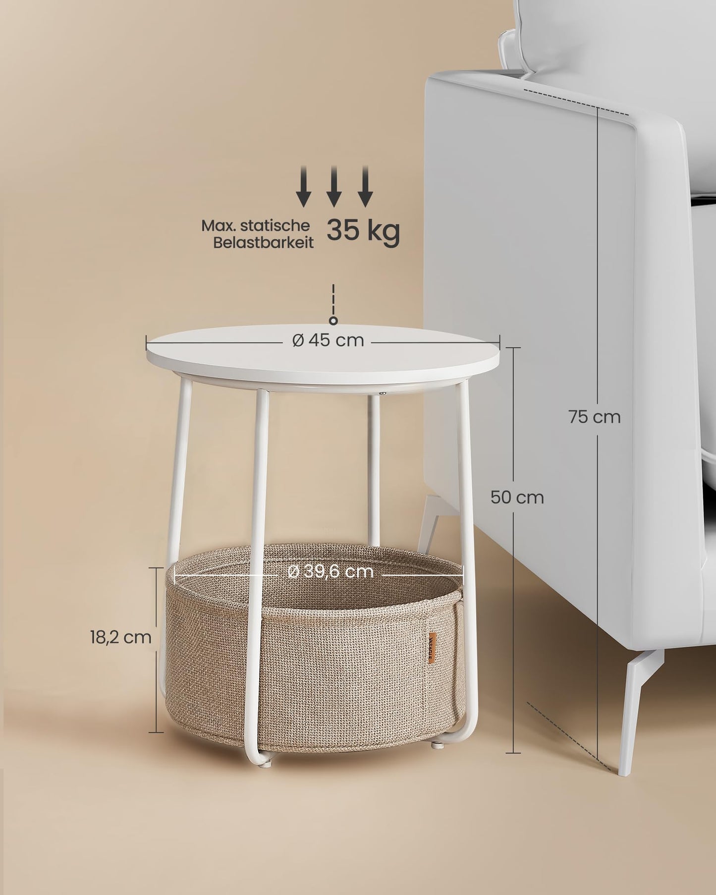 VASAGLE Round Side Table, Small Table, Small Coffee Table, Living Room Table, Fabric Basket, Storage for Living Room Bedroom, Modern Nightstand, Matt White-Camel Brown LET223W10
