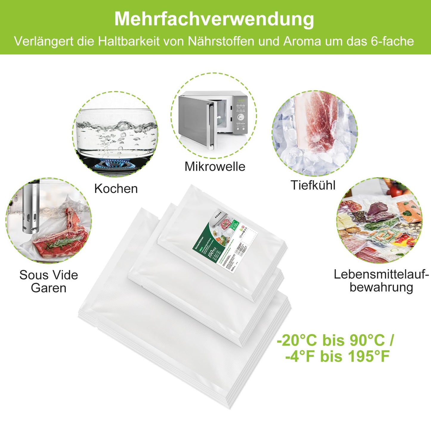 Bonsenkitchen Vacuum Sealer Bags 150 Bags - 15x25 cm (50)+20x30 cm (50)+ 28x40 cm (50), professional grade bags for all vacuum sealers, food vacuum bags, BPA-free, VB3215