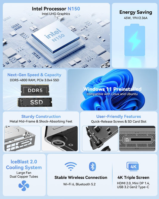 GEEKOM Mini PC Air12 with Intel N150, 16GB DDR5 RAM 512GB PCIe SSD, 3-year coverage, Mini Desktop Computer with SD card reader, Win 11, 8K UHD (HDMI+DP), Compact Micro PC for office/school/home theater.