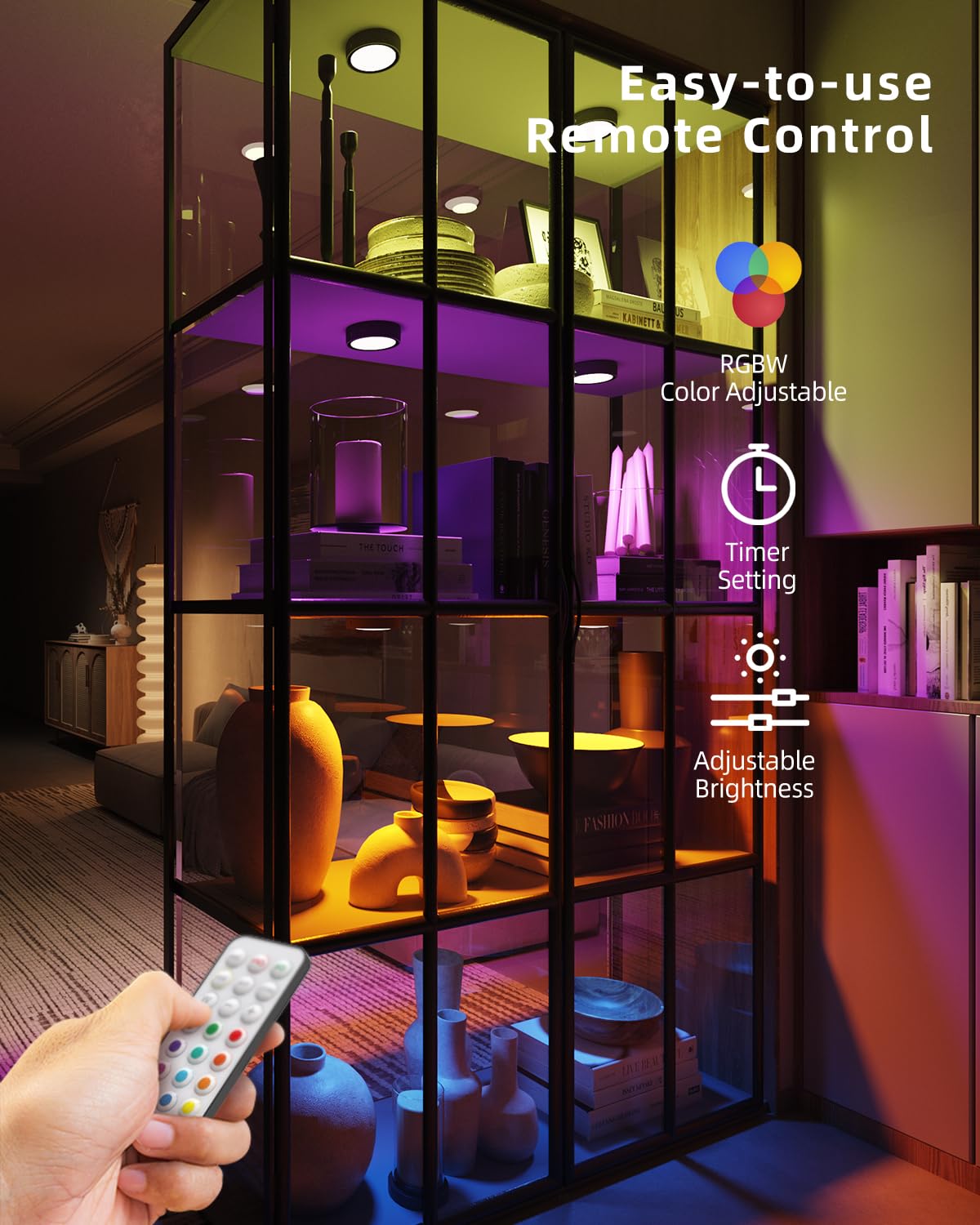 RGB LED spot with remote control, 2400mAh USB rechargeable display lighting Wireless dimmable under cabinet light kitchen LED round color changing spot battery adhesive light cabinet light with magnet and timer.