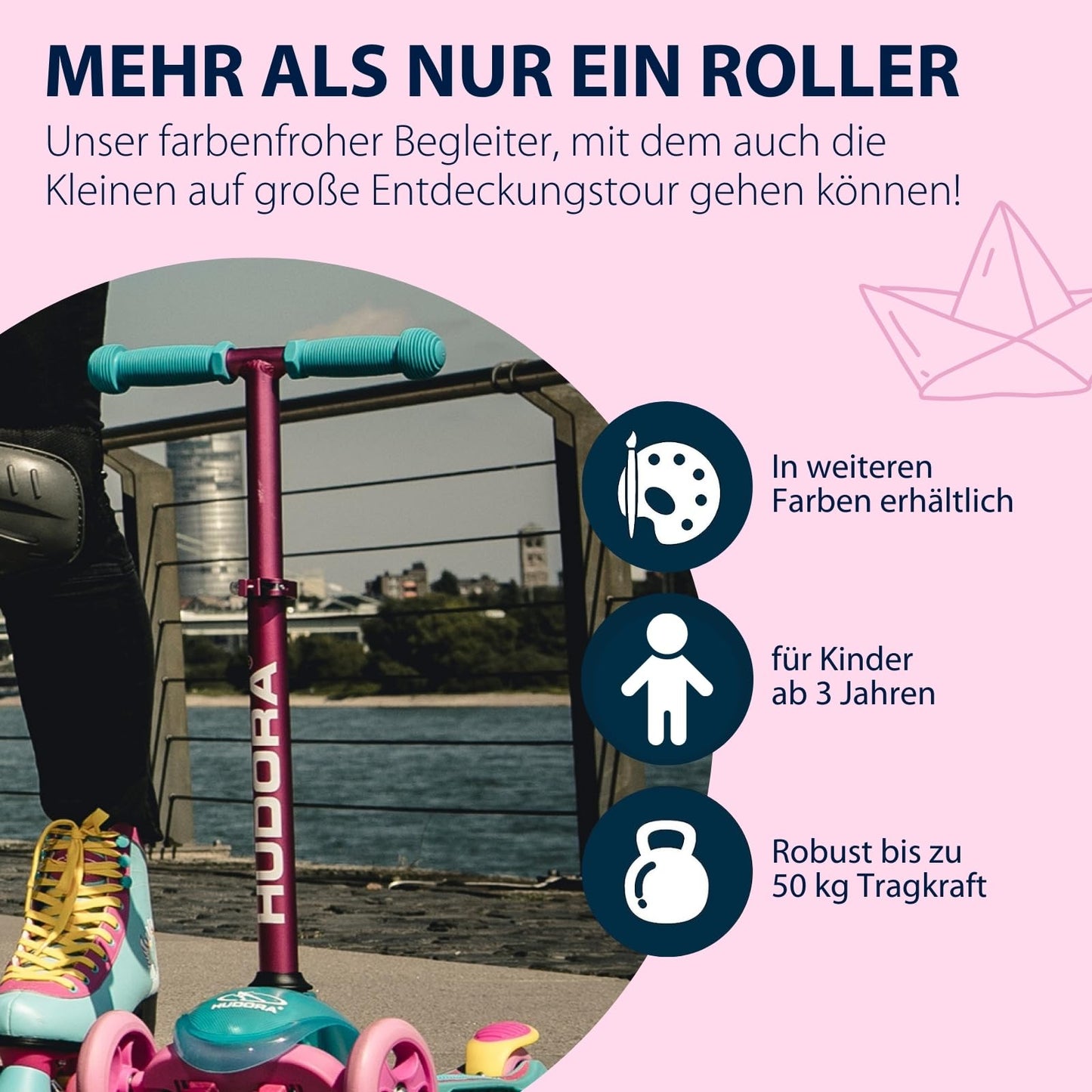 HUDORA Scooter Flitzkids 2.0 I Sturdy kids scooter with large footplate I Height-adjustable & portable mini three-wheel scooter for up to 50kg I Three-wheel scooter made of aluminum for children.