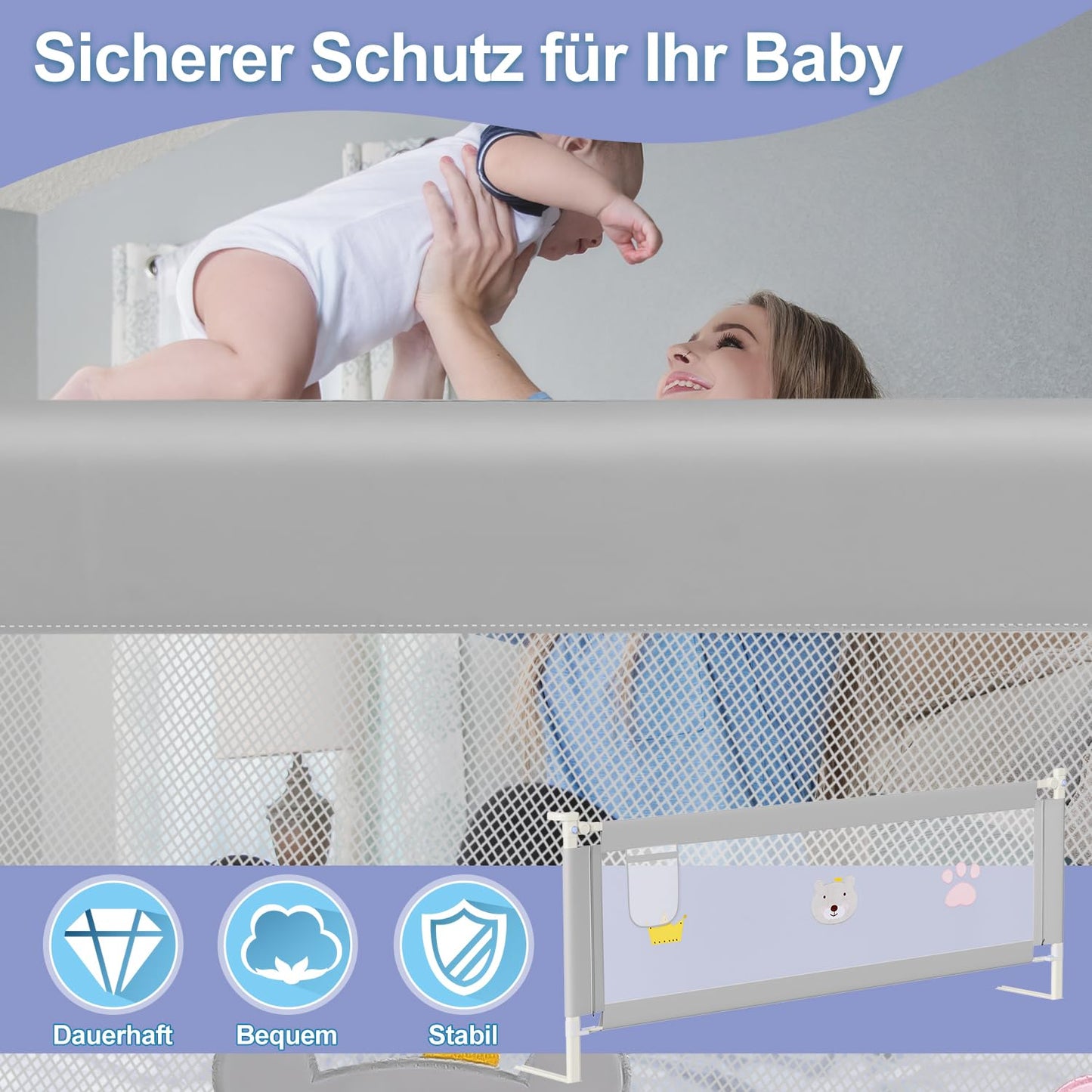 Jopassy bed rail 200cm, height adjustable 70-98 cm, toddler bed guardrail, safety rail with pattern, stable construction, bed rail with mesh, gray