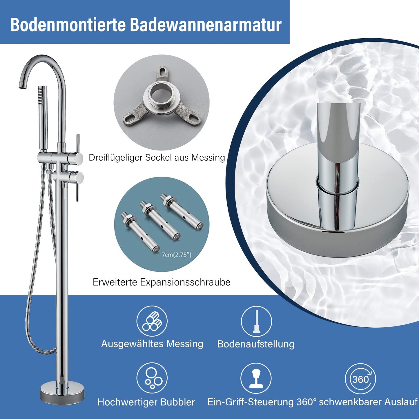 Rozin Free-standing Bathtub Faucet Chrome Floor Mounted Bathtub Faucet 360° Swivel Bathtub Faucet with Hand Shower Bathtub Faucet for Tub
