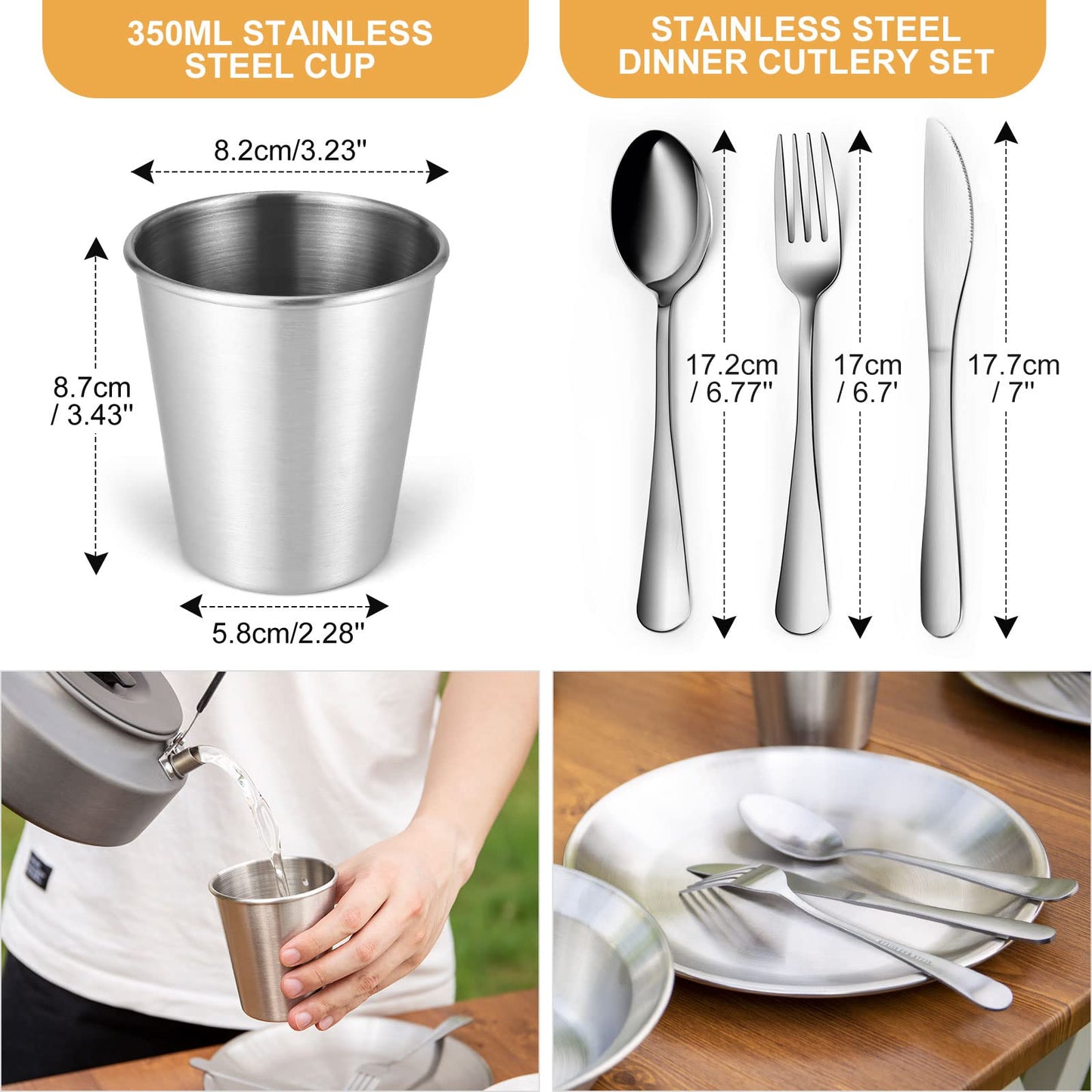 Odoland Camping Cutlery Set Tableware 25 PCS made of stainless steel Table service with case Knife Fork Spoon Plate Coffee cup ideal for 4 people Outdoor Travel Hiking Camping