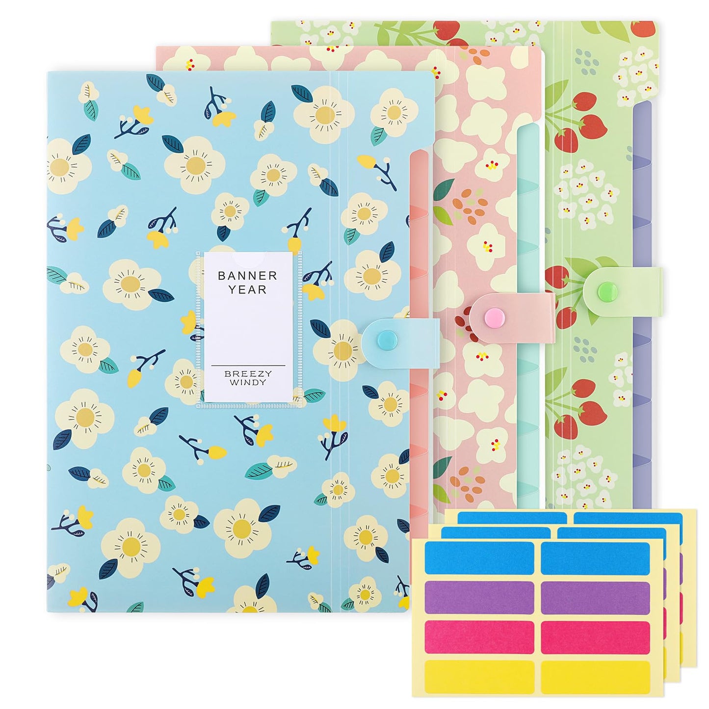 KONVINIT expanding file folder A4 size, document organizer with 7 compartments, portable floral patterned file folder with labels, for school/home/office, pack of 3.