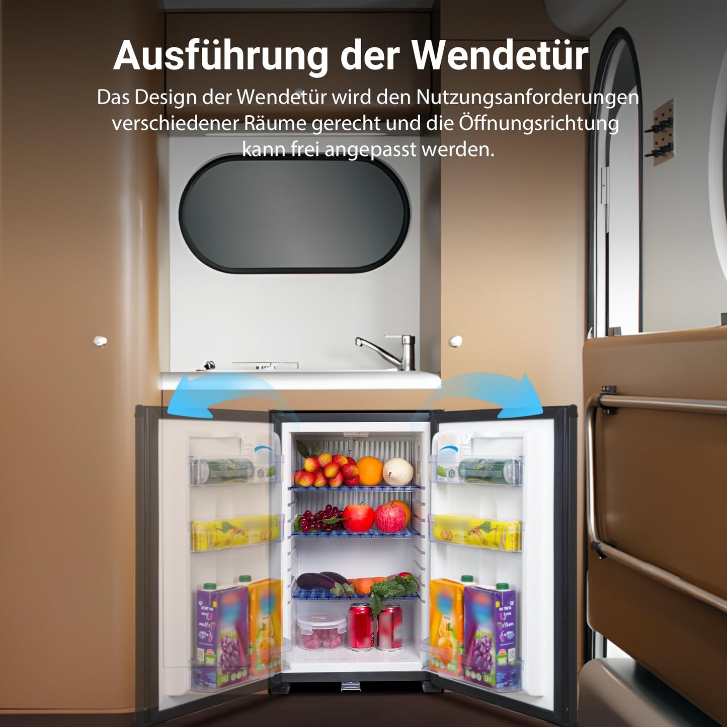 Techomey camping refrigerator, refrigerator 12V 230V, caravan refrigerator with lock and reversible door, RV refrigerator, quiet refrigerator for camping, car, room, black, 50L.