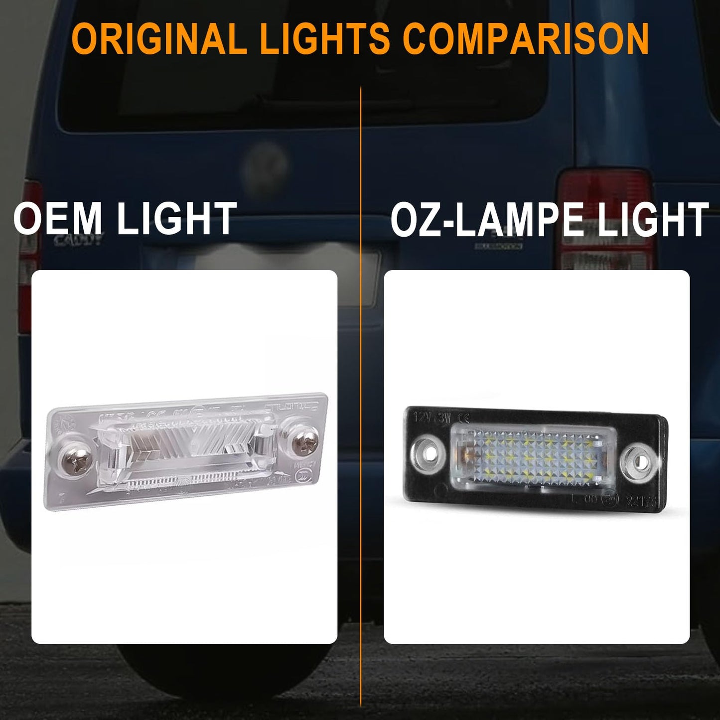 LED license plate lamp for VW Caddy 2K Golf Plus 5M1 Jetta 1K2 Passat Sedan 3bg Passat Variant 3C B6 T5 7H 7J Touran 1T1 1T2 1T3, CANBus license plate lighting, 2 pieces.