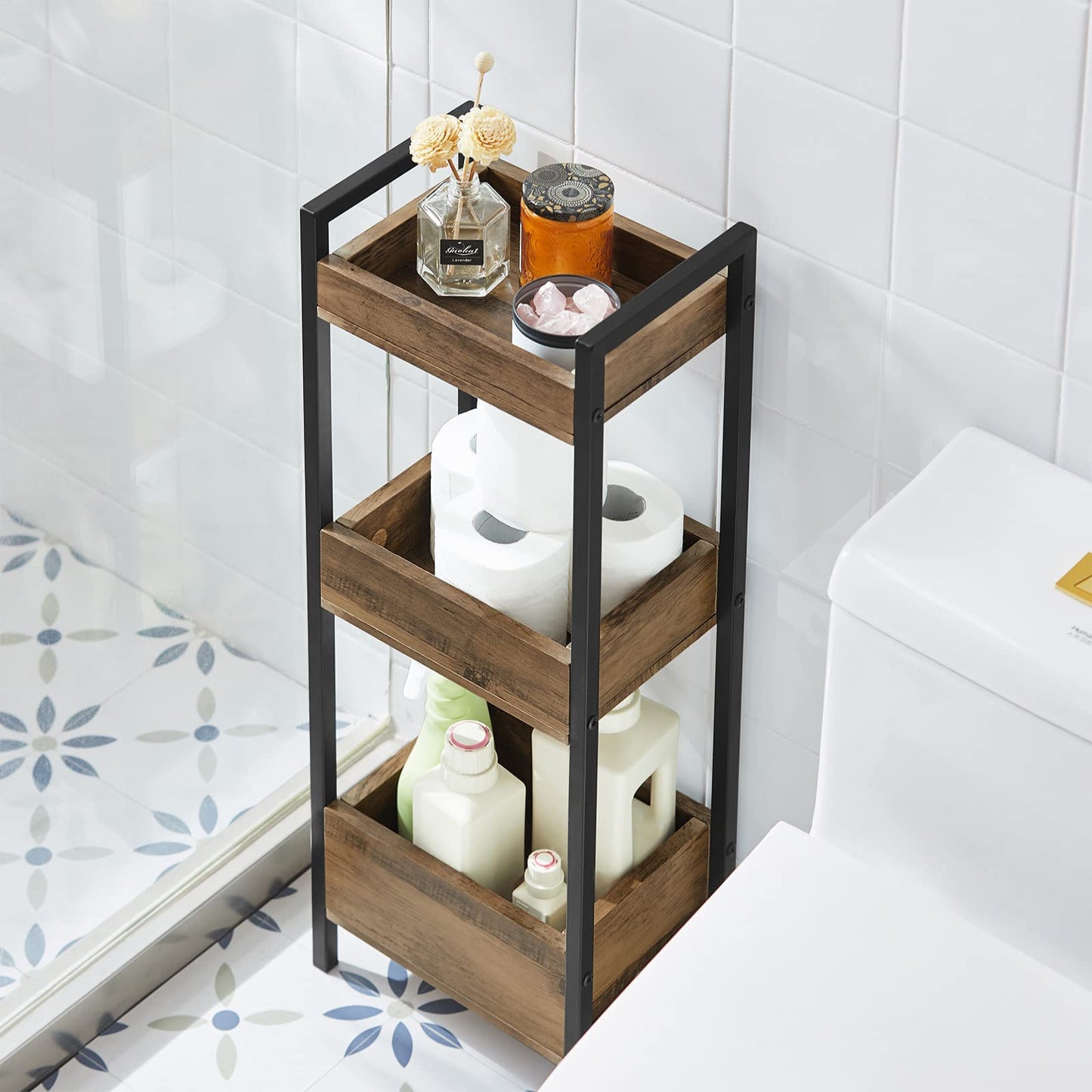 SoBuy bathroom cabinet with 3 sturdy shelves, narrow MDF bathroom cabinet, bathroom furniture commode up to 30kg capacity, freestanding wood-colored bathroom shelf for small bathrooms 28x20x74cm FRG226-F