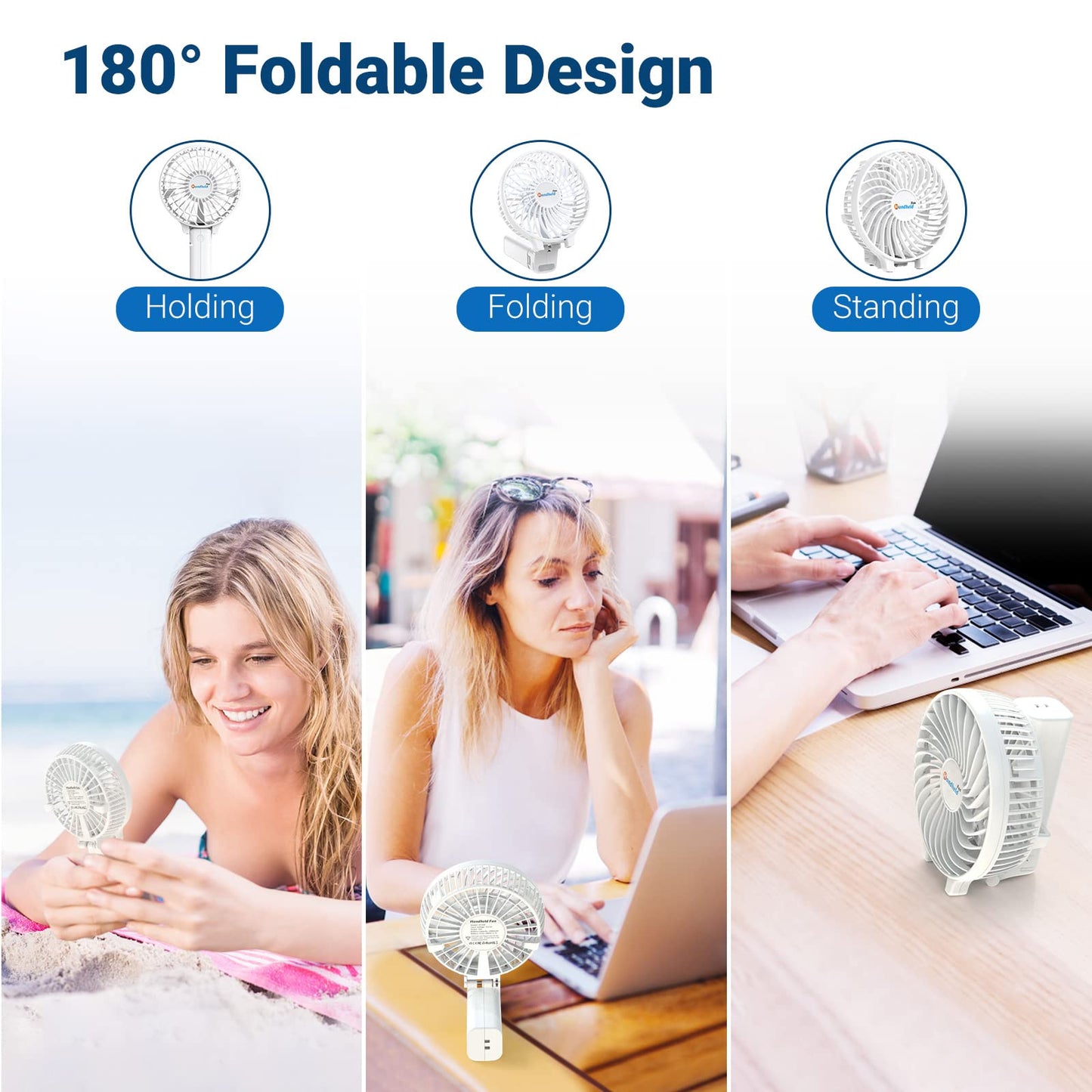 Jonwall USB hand fan, portable mini hand fan rechargeable desk fan foldable personal desk fan for home office camping travel white.