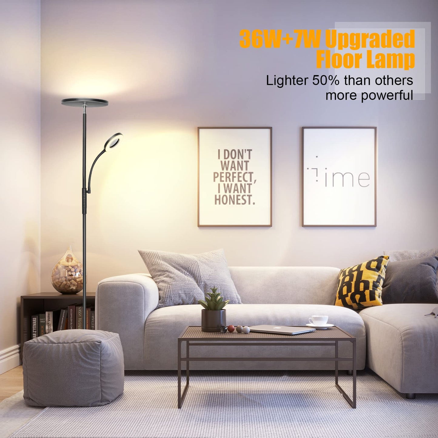 LED floor lamp for living room, dimmable, 42W 3600LM torchiere lamp with reading light, remote control & touch control, 1-minute installation, modern floor lamp for living room, office, dining room, bedroom (black)