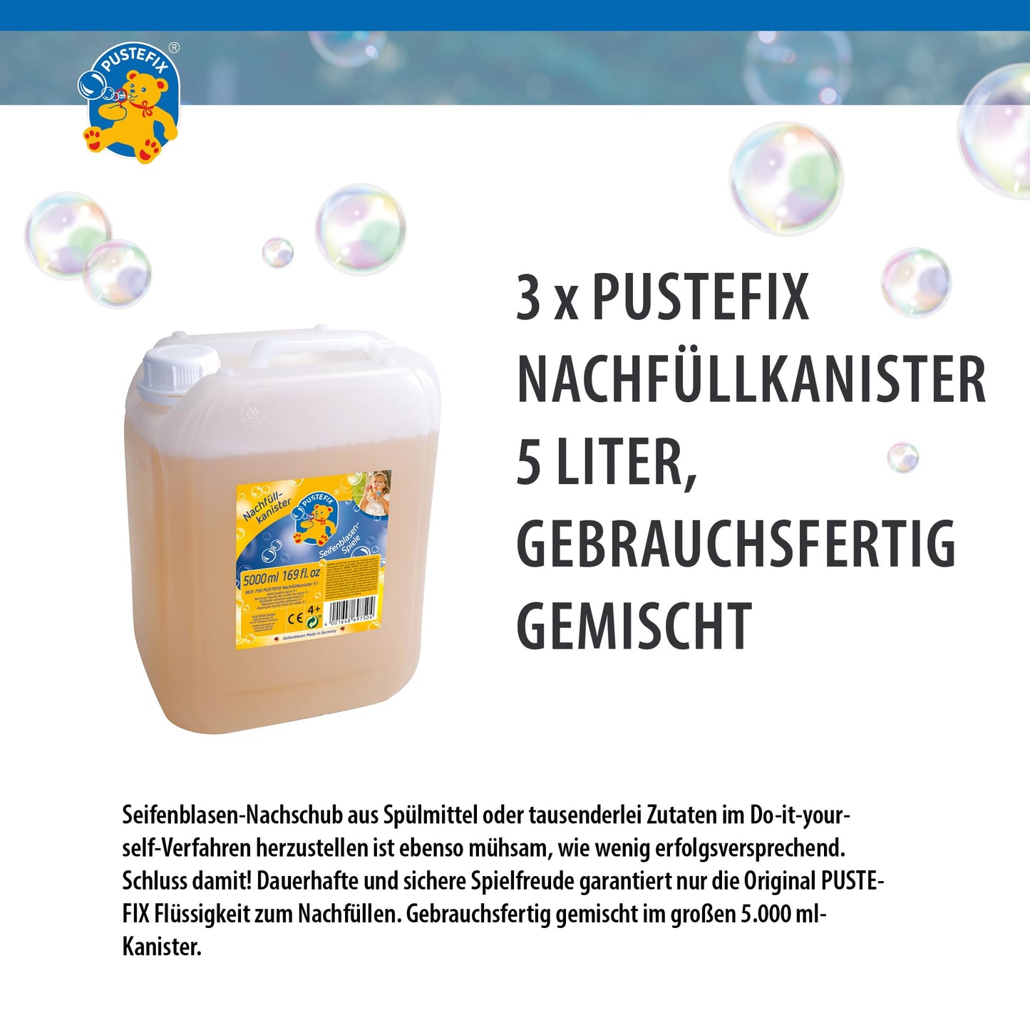 PUSTEFIX 3 x 5 liter refill canister, made in Germany. Perfect for weddings, children's birthdays, and summer parties. Colorful bubbles for kids and adults.