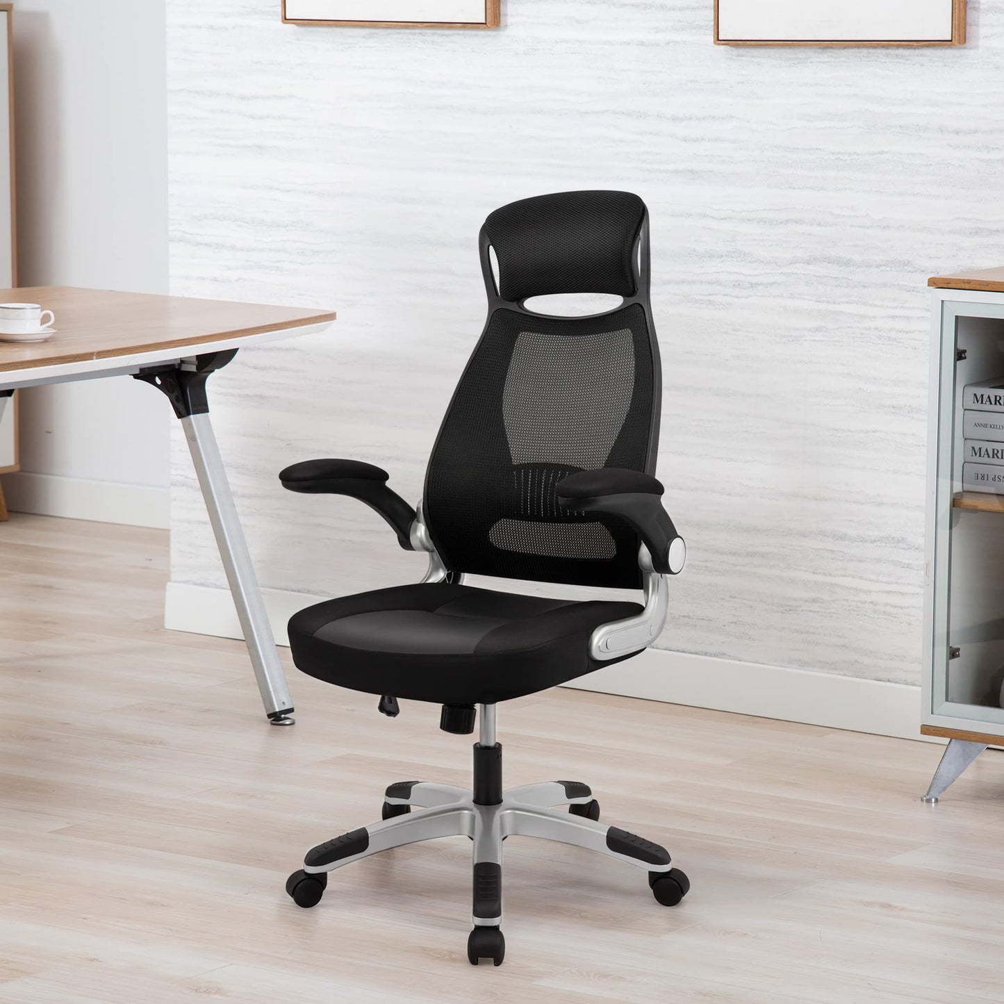 IntimaTe WM Heart Office Chair Ergonomic, Desk Chair with Foldable Armrests, Headrest and Lumbar Support, Mesh Executive Chair with Wheels, Black