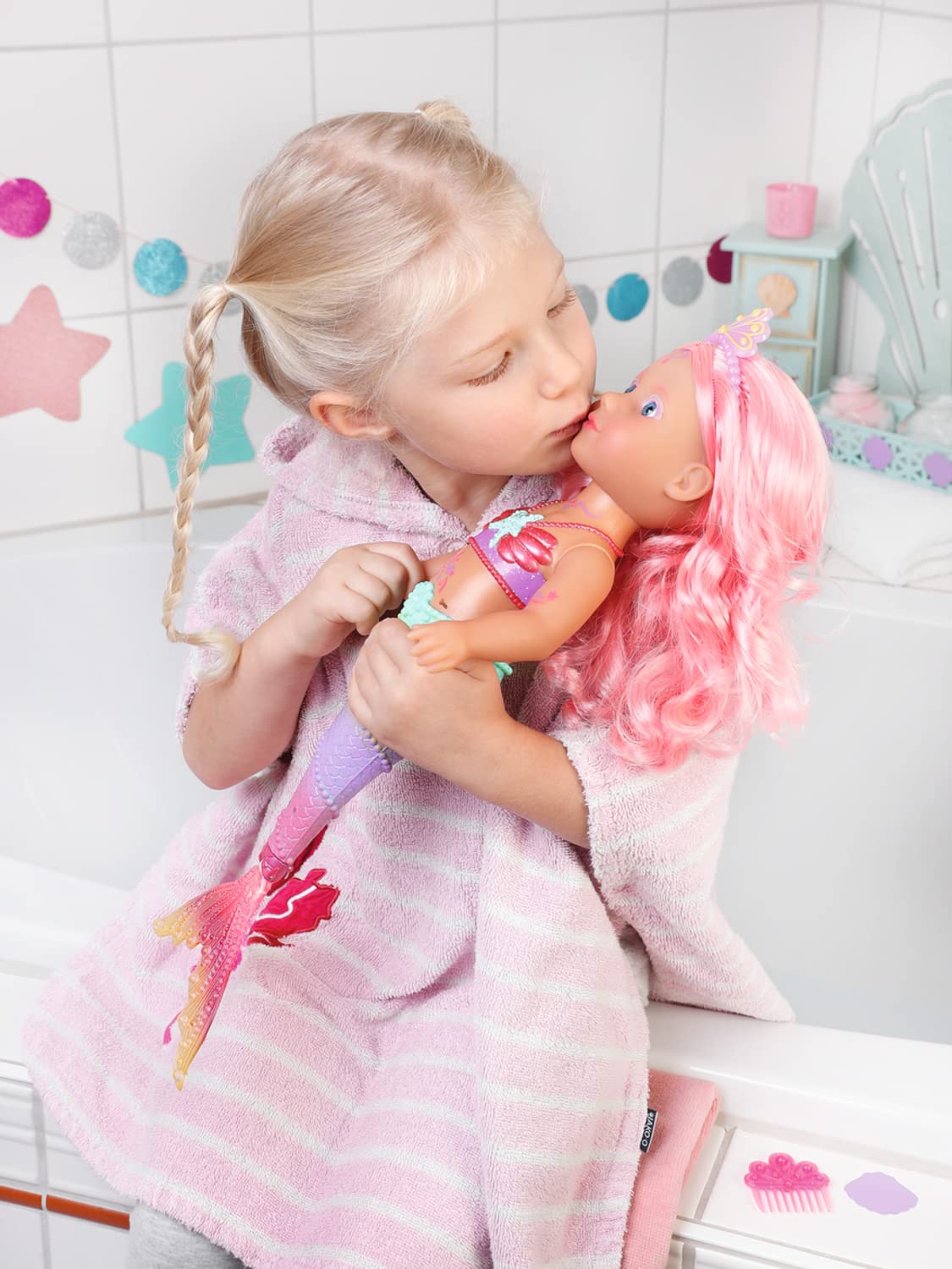 BABY Born Little Sister Mermaid 46 cm, waterproof mermaid doll Holiday Swim Fun, set for dolls with clogs, swim ring, and swimsuit, for 43 cm dolls, 831731 Zapf Creation
