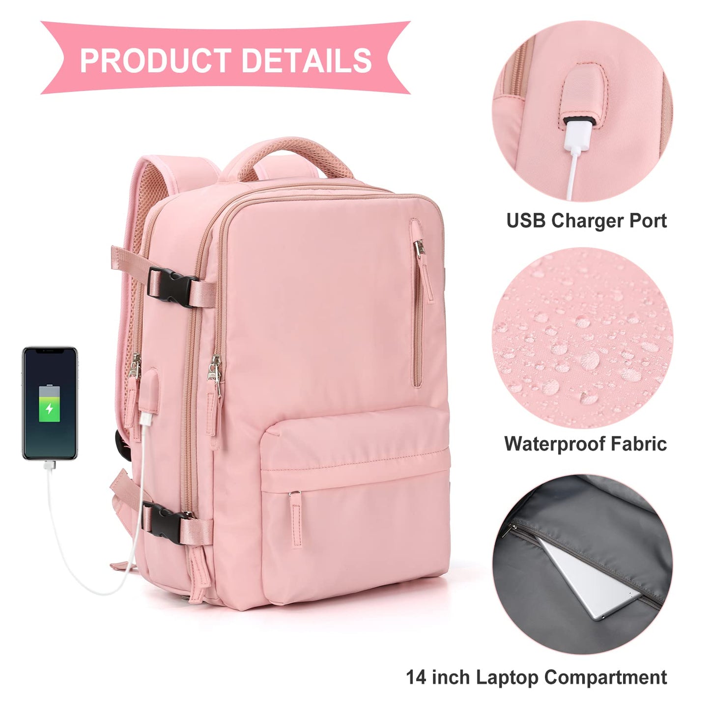 SZLX Ryanair carry-on backpack for women for airplane underseat cabin bag travel backpack carry-on airplane Easyjet backpack waterproof men with shoe compartment for 14-inch laptops, Pink.