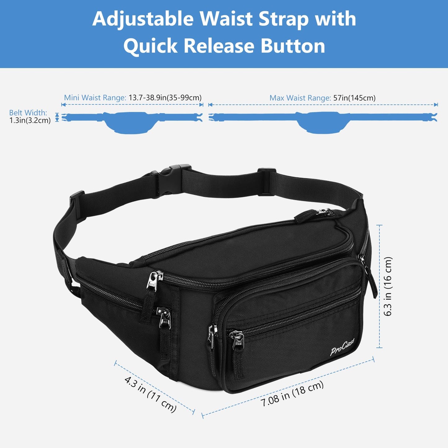 ProCase Large Waist Bag Waist Pack Waterproof Hip Bag for Men and Women Large Nylon Fanny Pack with 6 Zipper Pockets for Traveling Sports Hiking Jogging Dog Walking