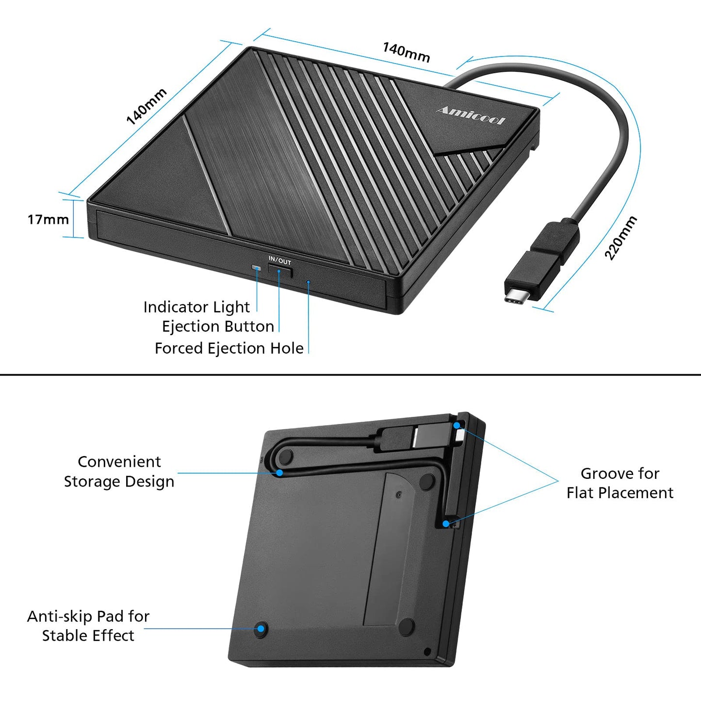 Amicool External DVD Drive External USB 3.0 USB C CD Drive for Laptop Desktop PC MacBook External DVD Burner Windows 7/8.1/10/11 Linux Mac OS CD/DVD Player Portable +/-RW ROM Optical Drive