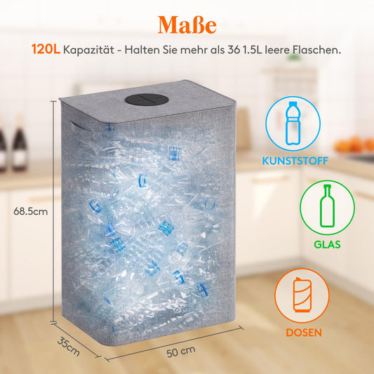 Lifewit 120L Bottle Collection Bin with Lid, Large Bottle Storage, Container for Empty Bottles & Glass Storage, Bottle Collector with Hole, Kitchen Pantry Bottle Bag, Light Grey