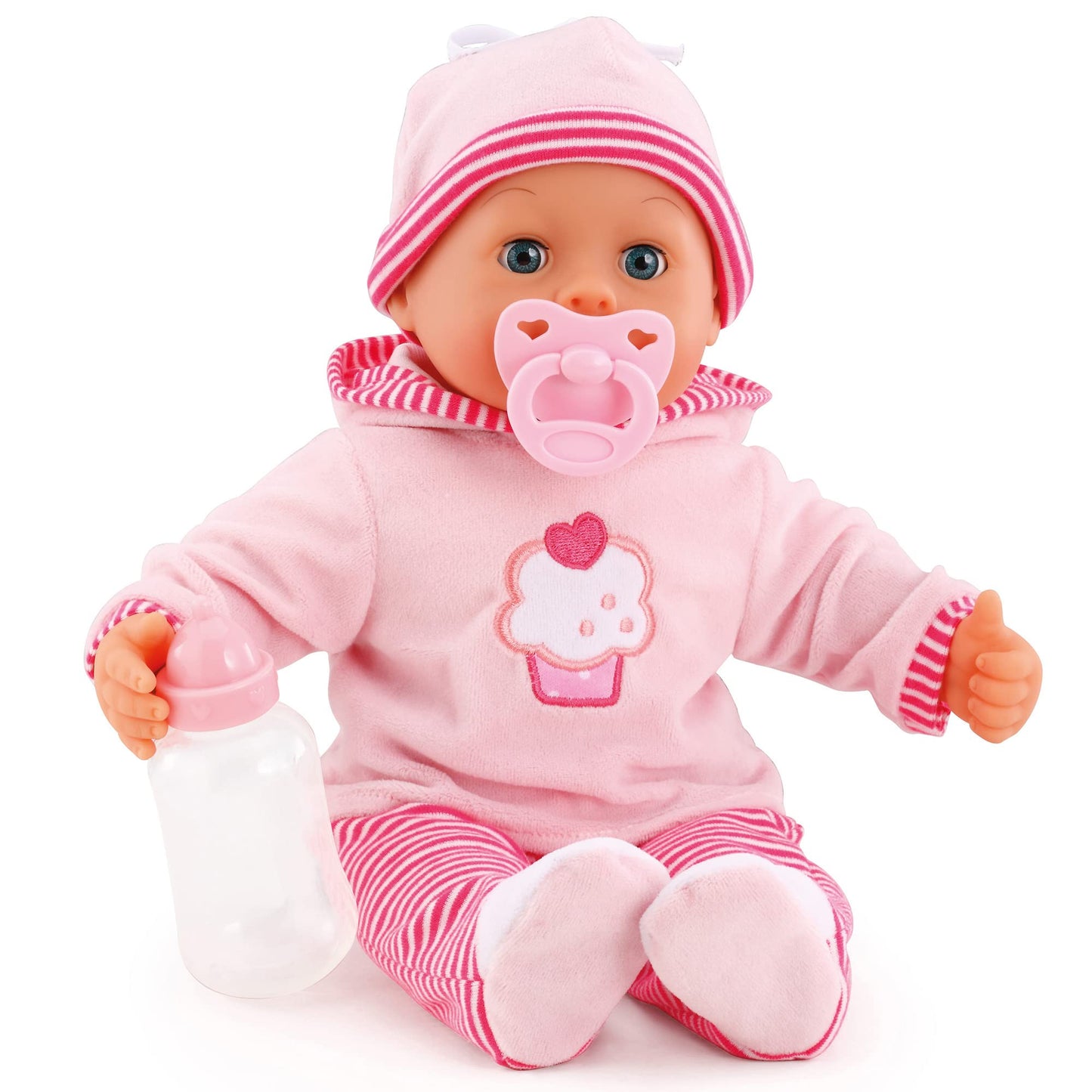 Baby doll First Words with sleeping eyes, speaks 24 baby sounds, comes with pacifier and bottle, 38 cm, pink/stripes.