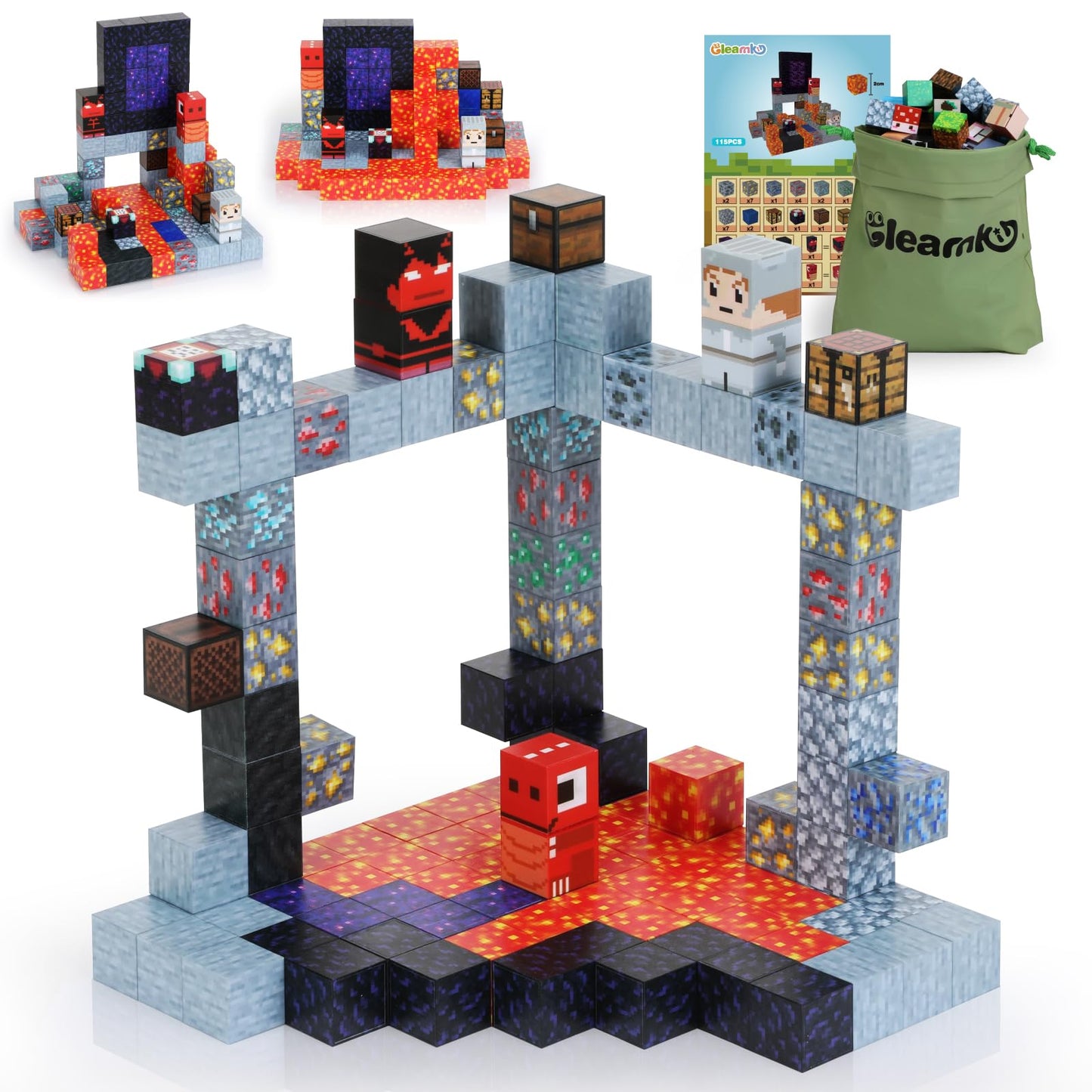 Gleamkid Magnetic Building Blocks, 115 Pieces Magnetic Blocks, Build Lava River, Volcano, Dinosaur World Adventure Block Game for Boys and Girls Ages 3+
