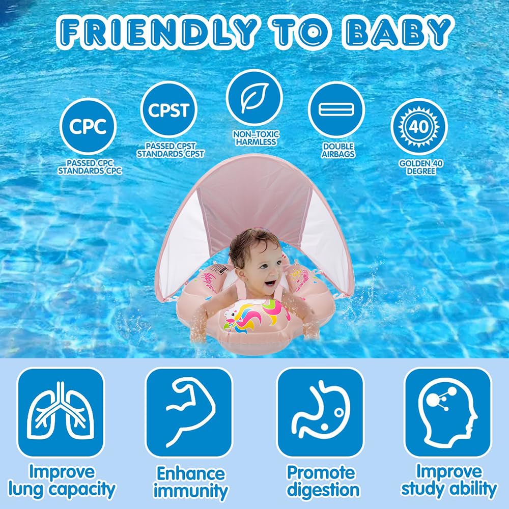 TUIBEIDAMAI Baby Swim Ring with Sunshade Removable, Swim Ring with Sun Protection Adjustable Shoulder Straps, Inflatable Swim Ring, Baby Float Swim Ring for 3-36 Months (Pink)