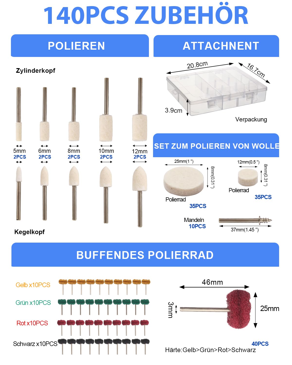140 PCS Multifunctional Wool Felt Polishing Bits for Dremel, including Dremel grinding attachments, wool felt polishing disc, polishing attachment for power drill, for metal, bicycle, wheel hub, with storage box.