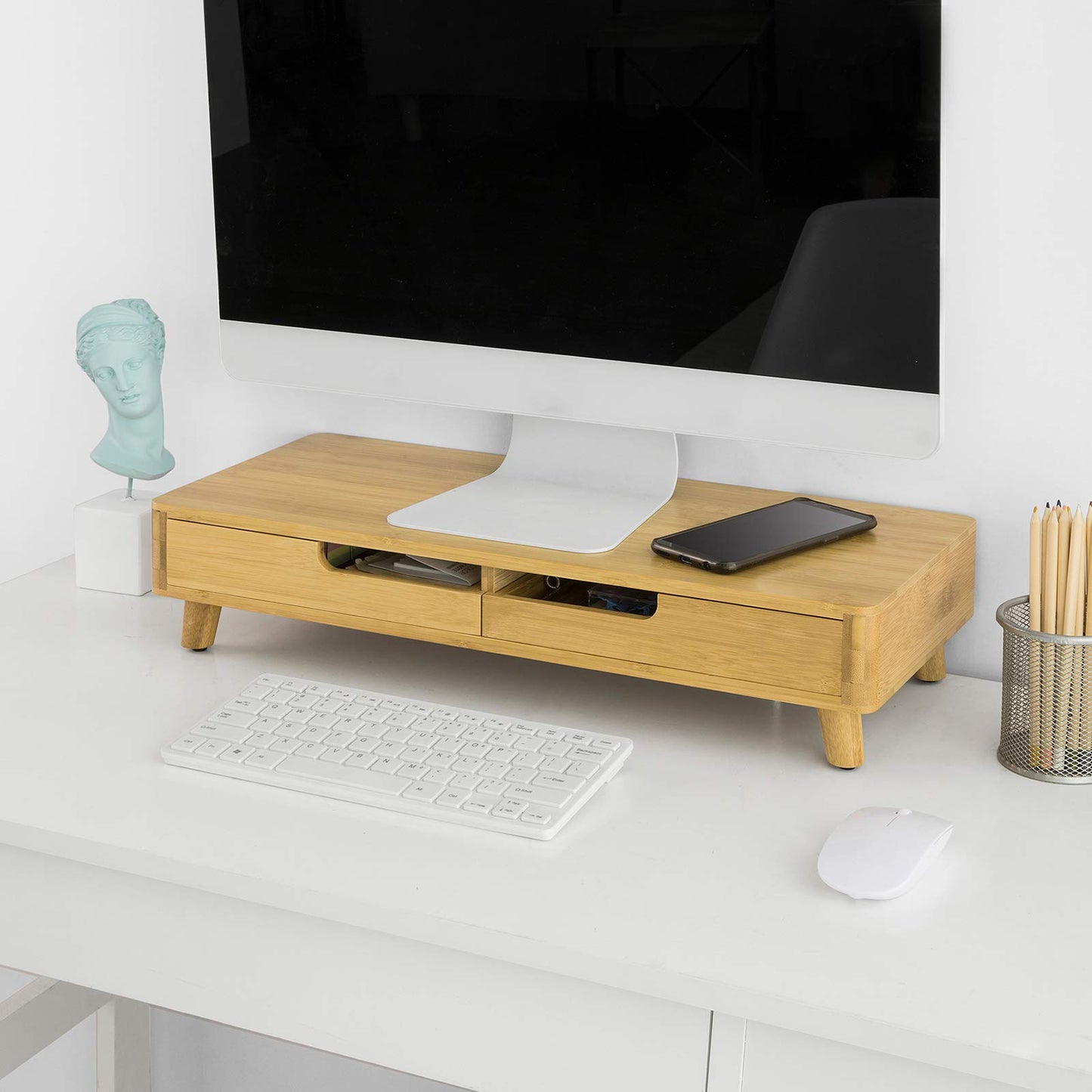 SoBuy BBF06-N Design Monitor Stand Screen Stand Notebook Stand Desk Attachment Organizer with 2 Drawers Bamboo Dimensions approx.: 56x12x23cm