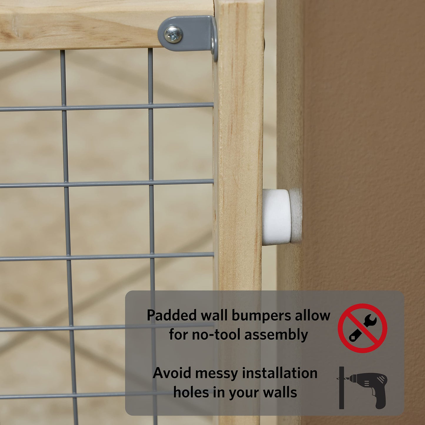 New World B2932WWM-2 Pet Gate, wood, extra wide, no damage to walls, no tool required, patented locking arm, dog gate 81 x 74-127 cm (H x W), natural wood/light gray grid